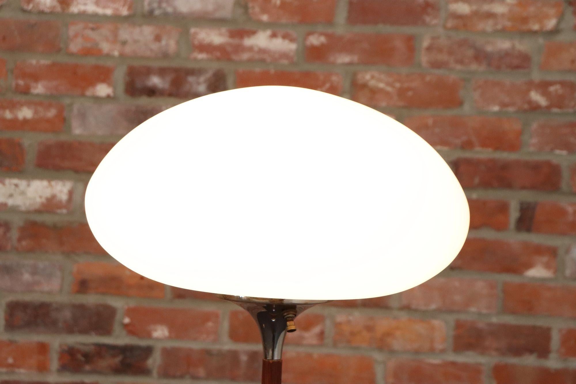 Glass Pair of Chrome Laurel Floor Lamps with Frosted Mushroom Shades and Walnut Stems For Sale