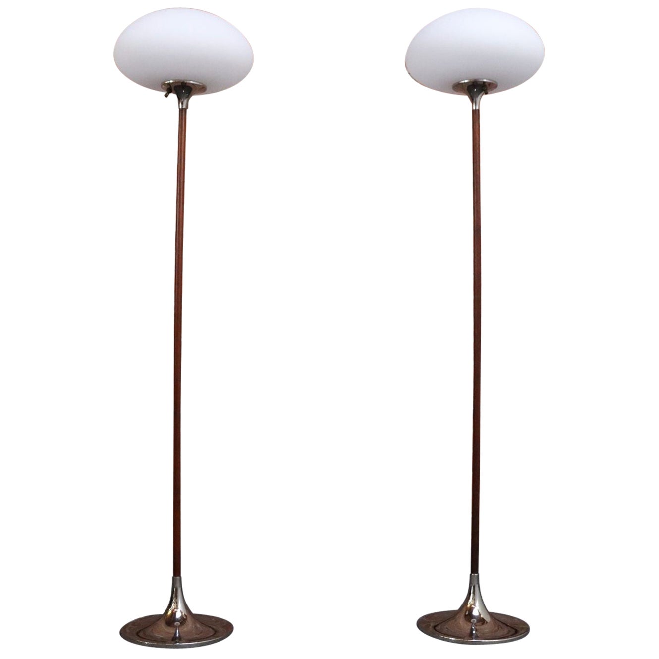 Pair of Chrome Laurel Floor Lamps with Frosted Mushroom Shades and Walnut Stems For Sale