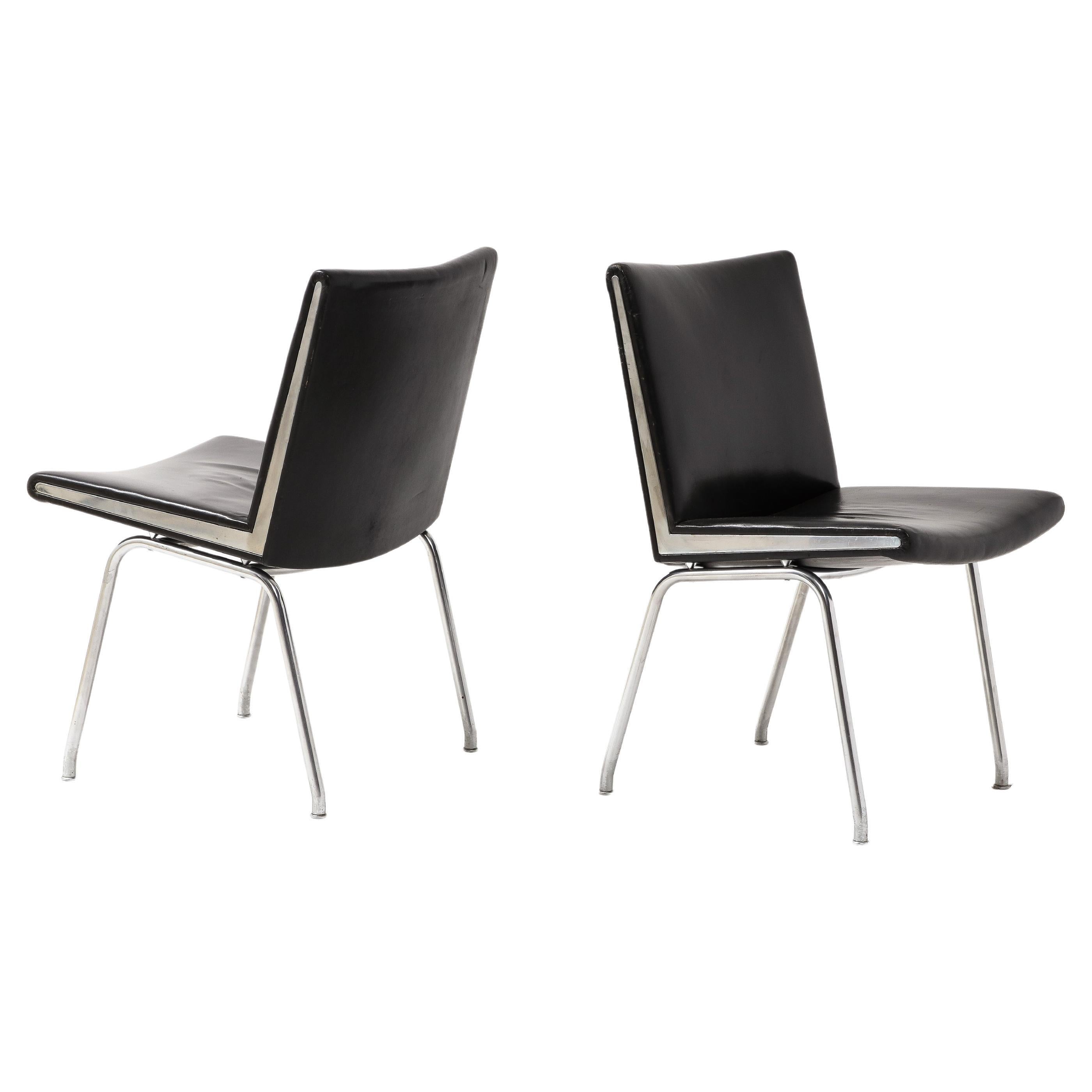 Pair of Chrome & Leather "Airport" Visitor Chairs by Wegner, Denmark, 1960's For Sale