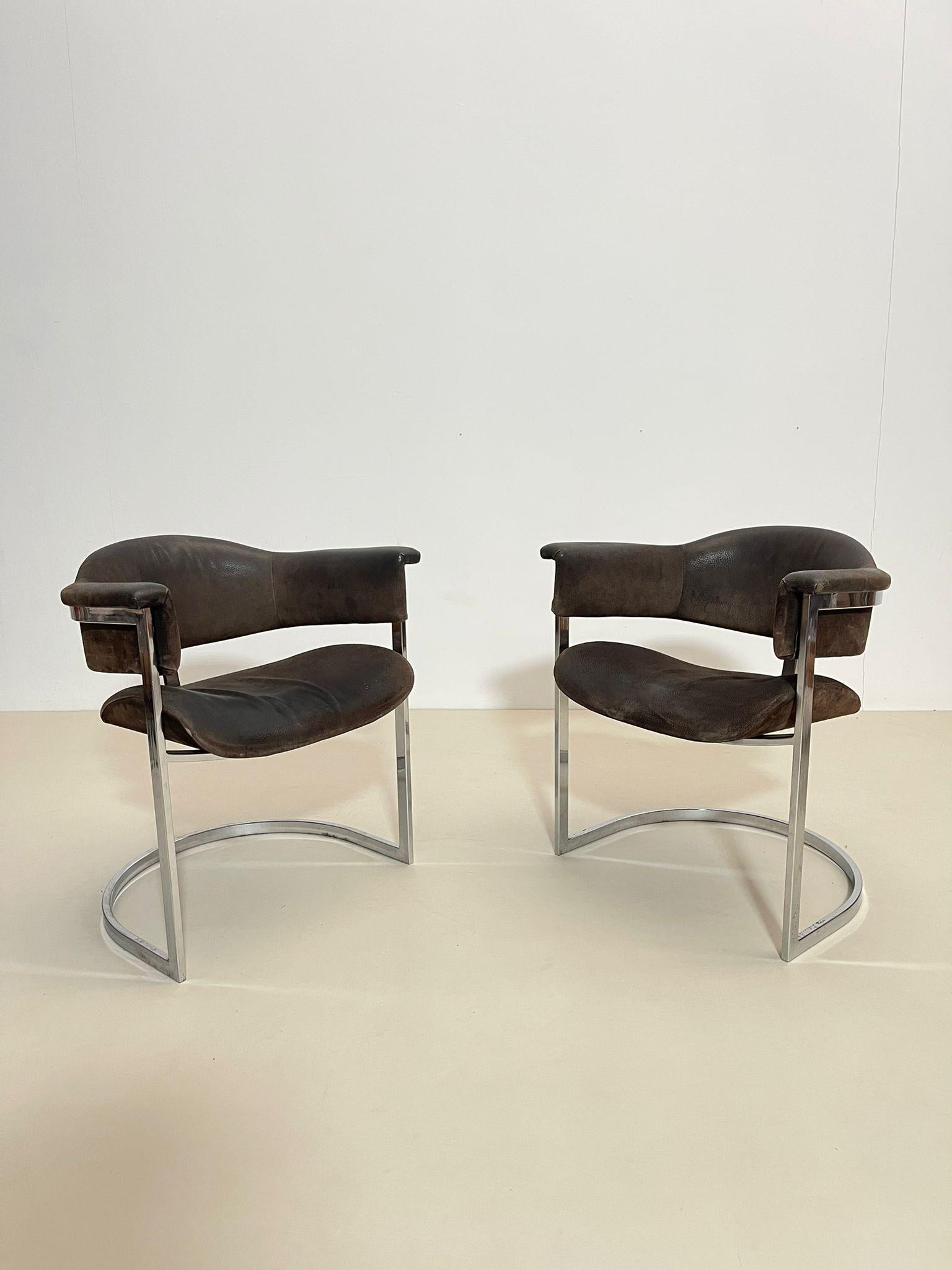 Mid-Century Modern Pair of Chrome & Leather Armchairs by Vittorio Introini for Mario Sabot, 1970s For Sale