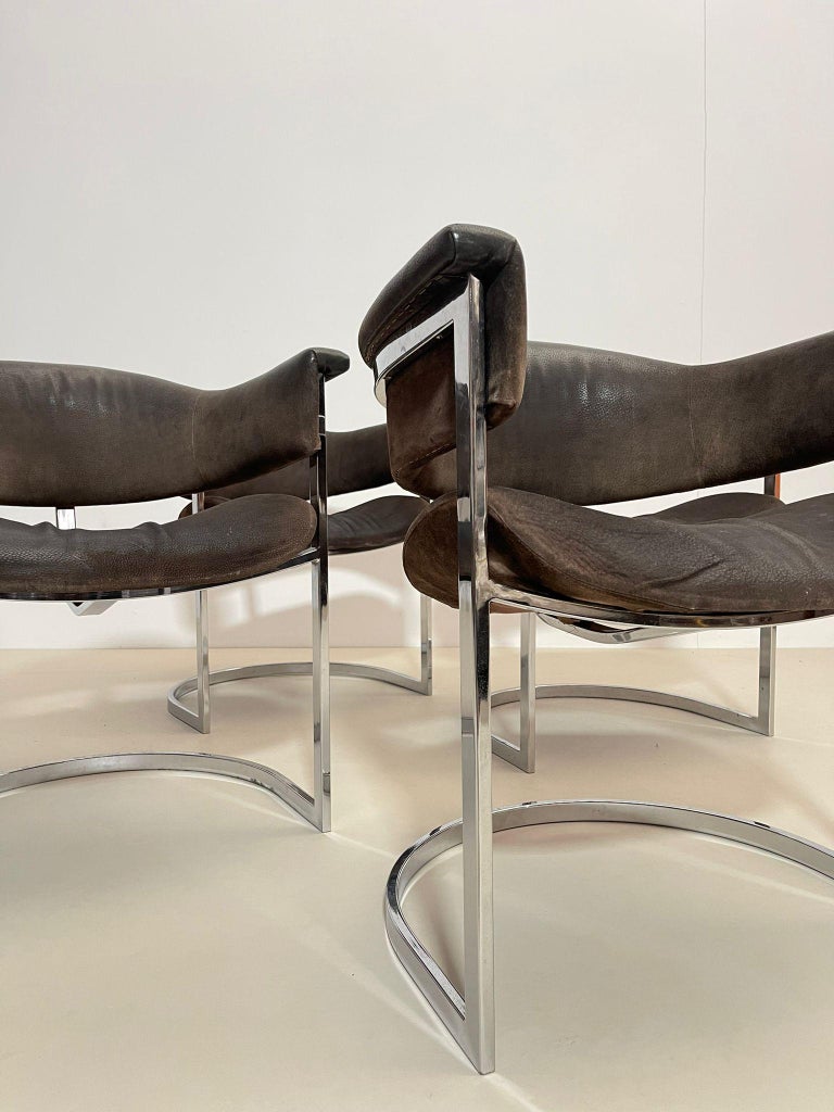 Italian Pair of Chrome & Leather Armchairs by Vittorio Introini for Mario Sabot, 1970s For Sale