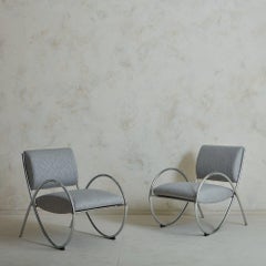 Pair of Chrome Loop Arm Lounge Chairs in Gray Wool, Italy 1970s