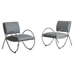 Pair of Chrome Loop Arm Lounge Chairs in Gray Wool, Italy 1970s