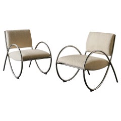 Pair of Chrome Loop Armchairs with Ivory Boucle
