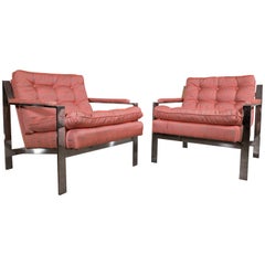 Pair of Chrome Lounge Chairs by Cy Mann 1970 Recently Reupholstered