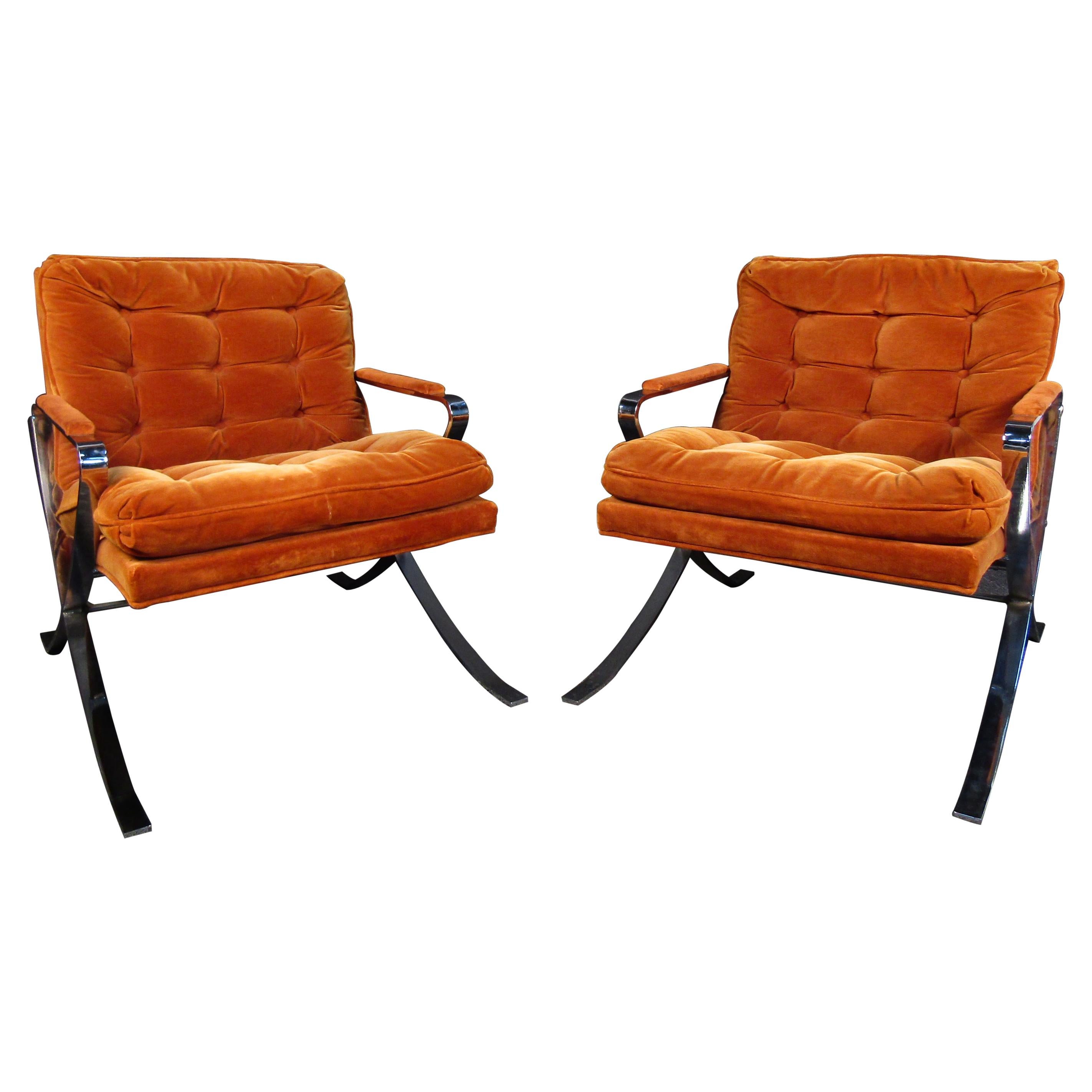 Pair of Chrome Lounge Chairs in Style of Milo Baumann