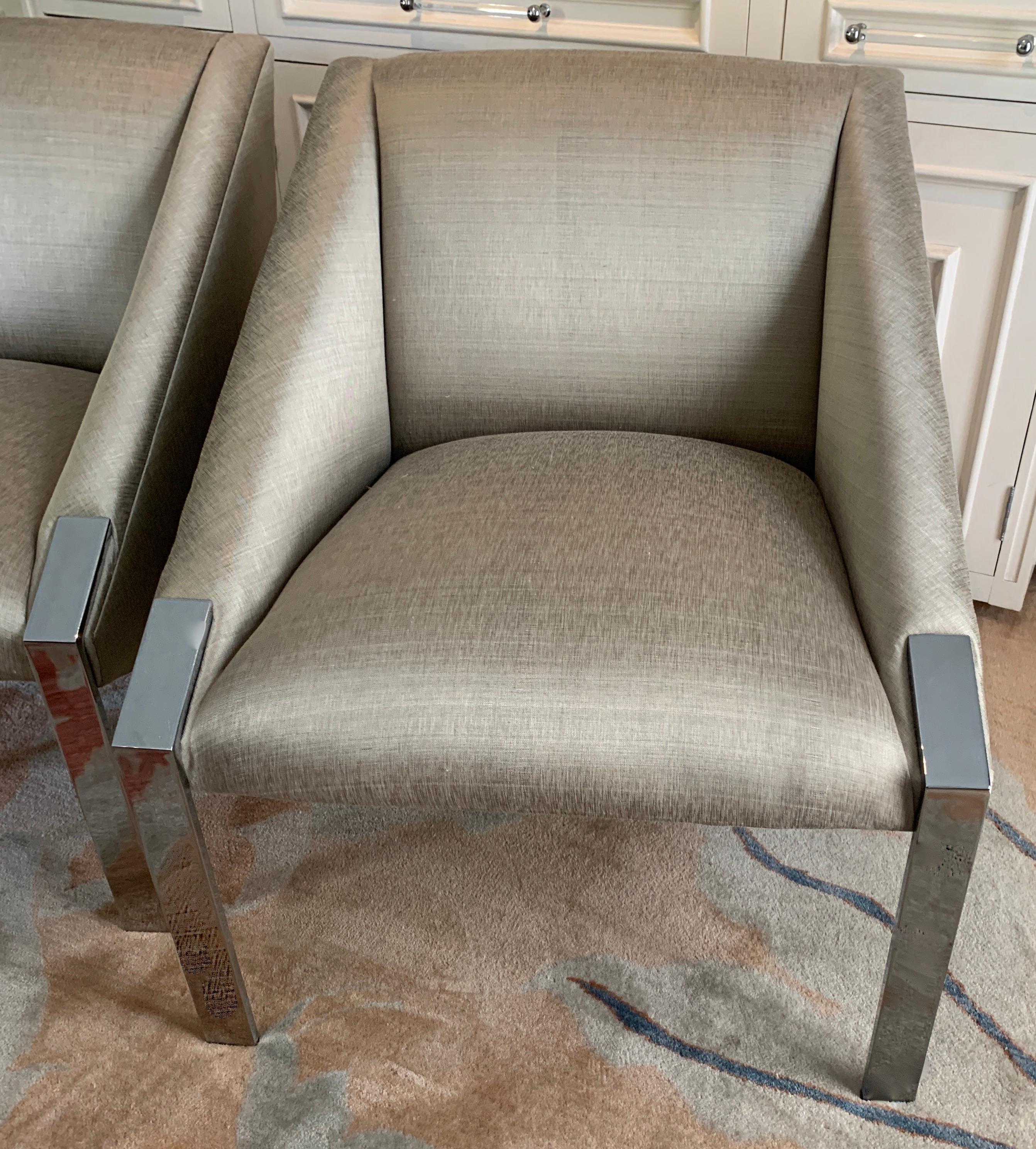 Modern Andree Putman Pair Chrome Lounge Side Chairs in Silk Upholstery