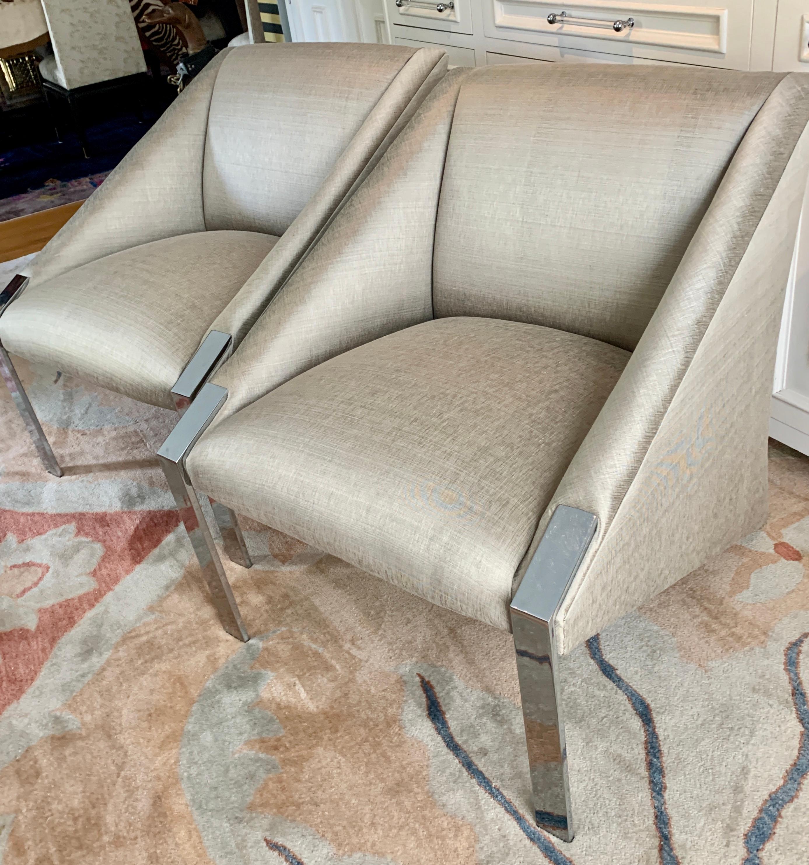 French Andree Putman Pair Chrome Lounge Side Chairs in Silk Upholstery