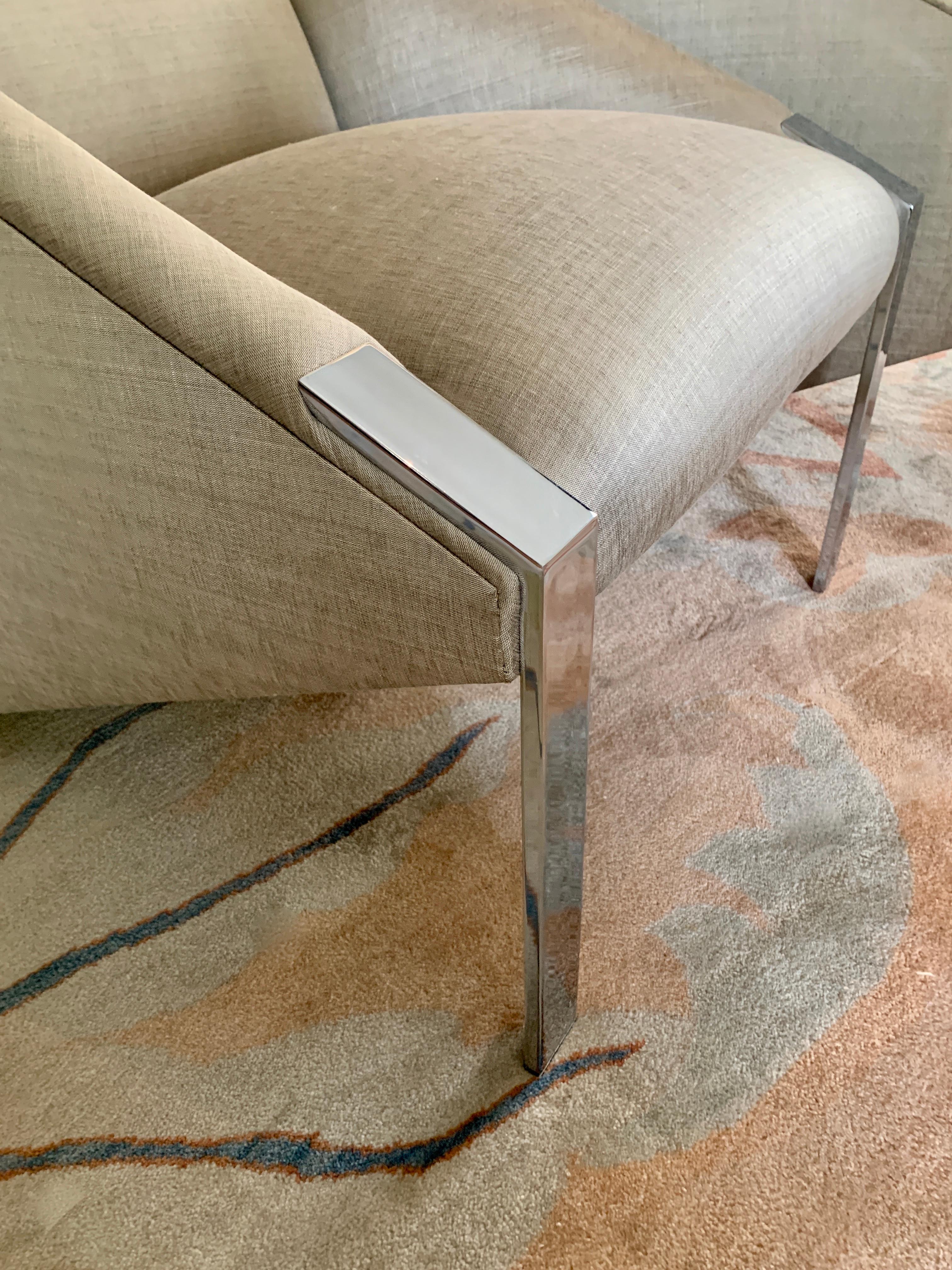 Polished Andree Putman Pair Chrome Lounge Side Chairs in Silk Upholstery