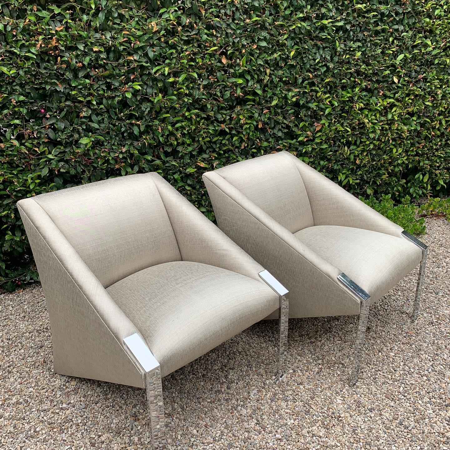 20th Century Andree Putman Pair Chrome Lounge Side Chairs in Silk Upholstery