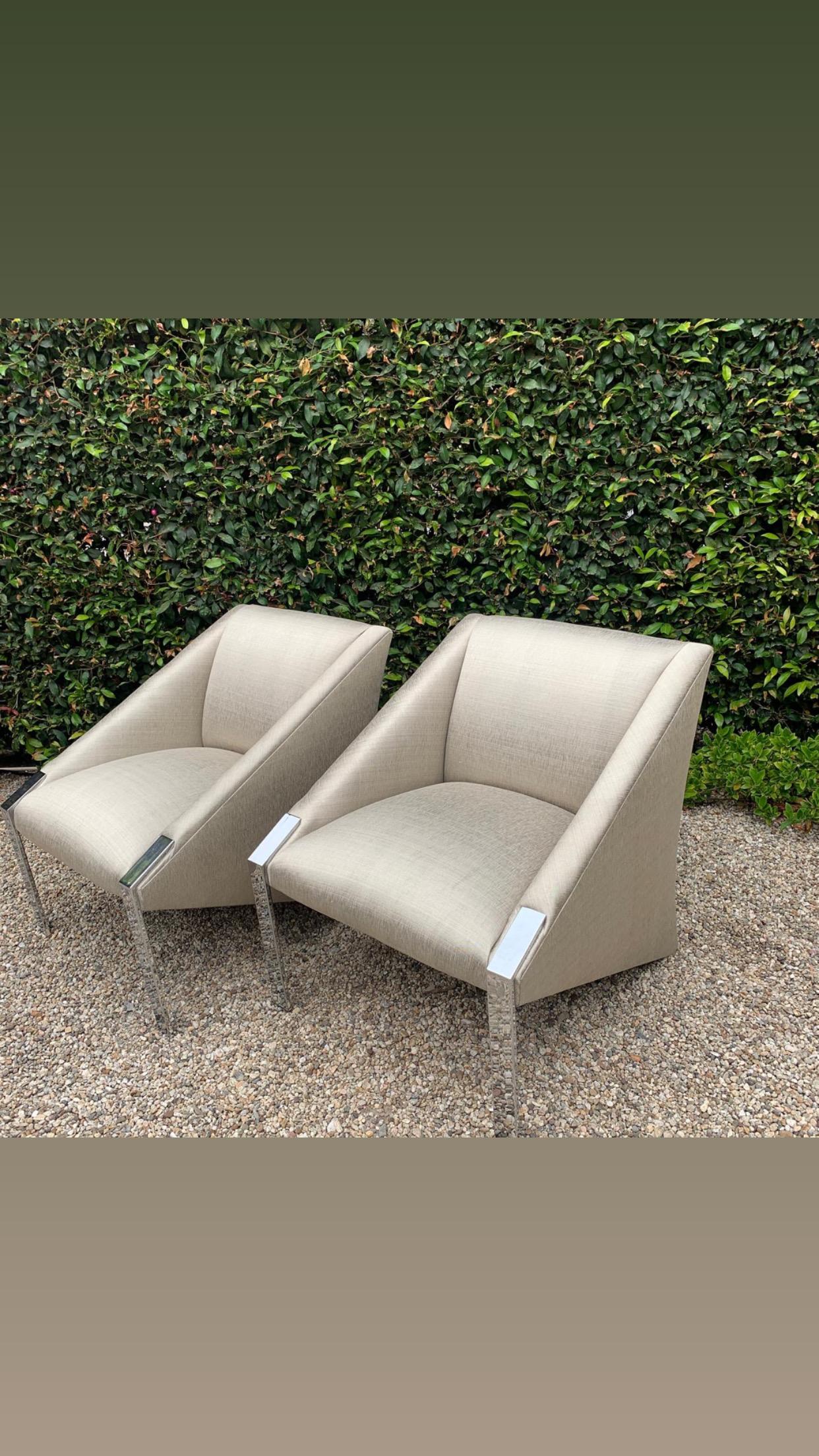 Andree Putman Pair Chrome Lounge Side Chairs in Silk Upholstery 1
