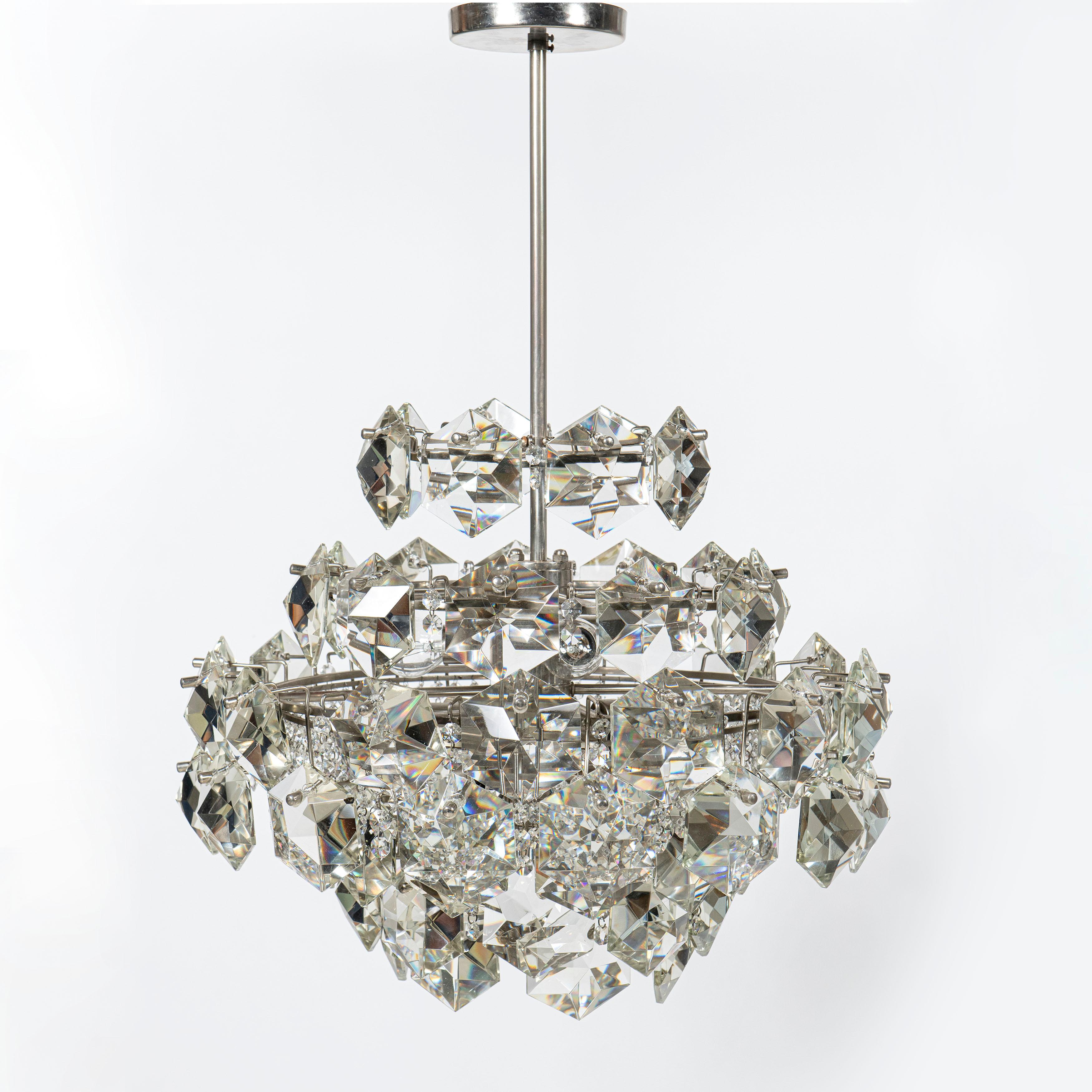 Mid-Century Modern Pair of Chrome Metal and Crystal Glass Chandeliers by Bakalowits & Söhne, 1960 For Sale