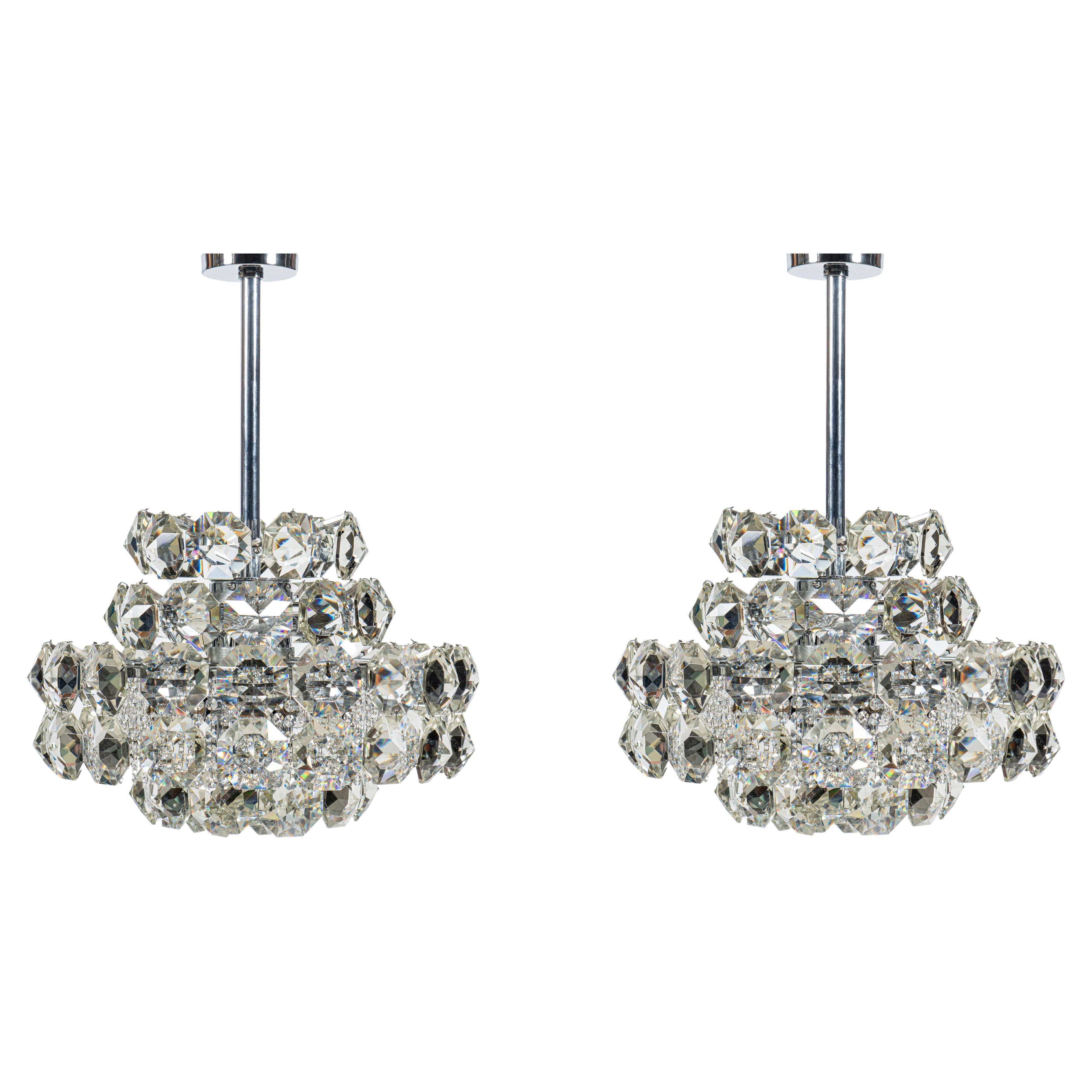 Pair of Chrome Metal and Crystal Glass Chandeliers by Bakalowits & Söhne