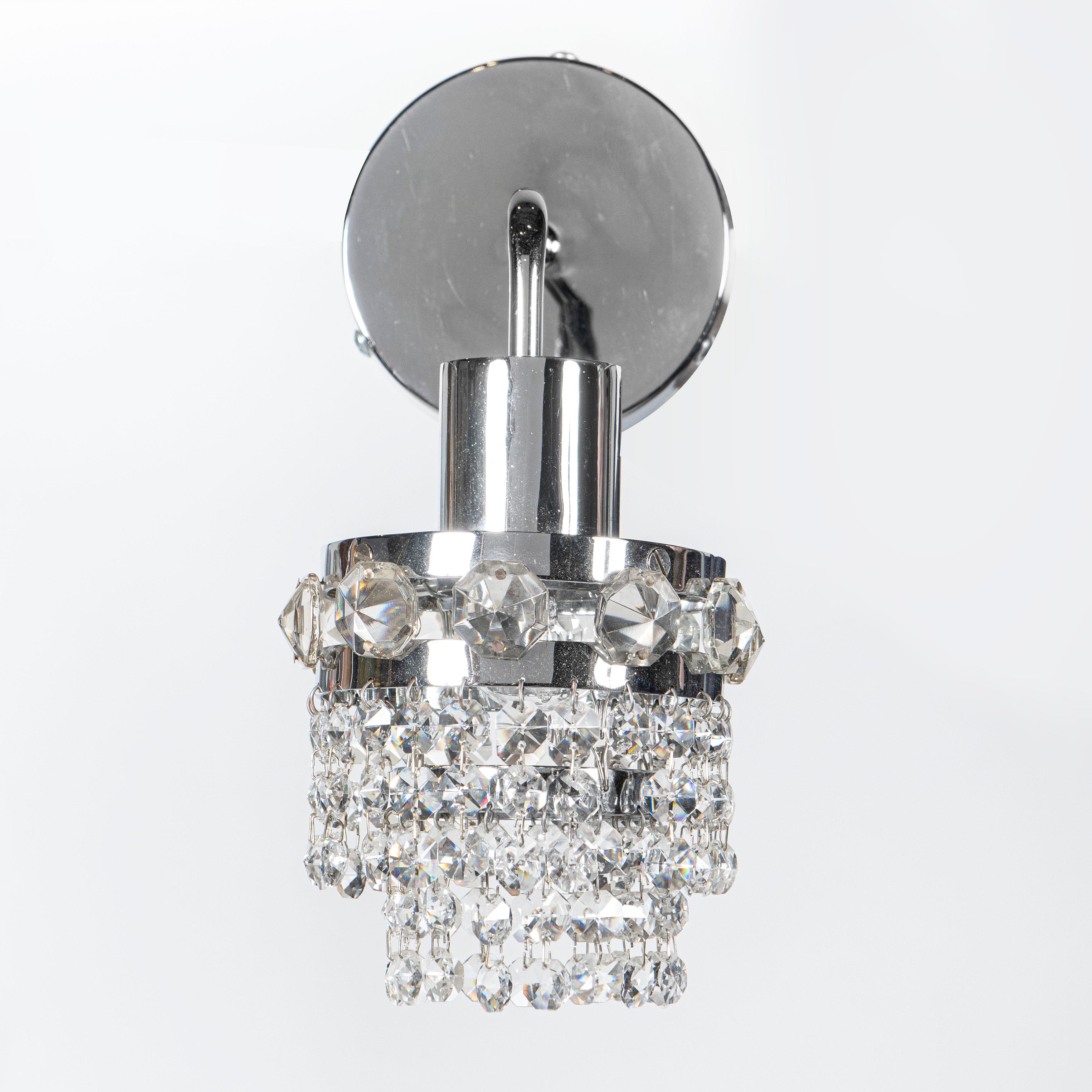 Modern Pair of Chrome Metal and Crystal Glass Sconces, Austria, circa 1960 For Sale