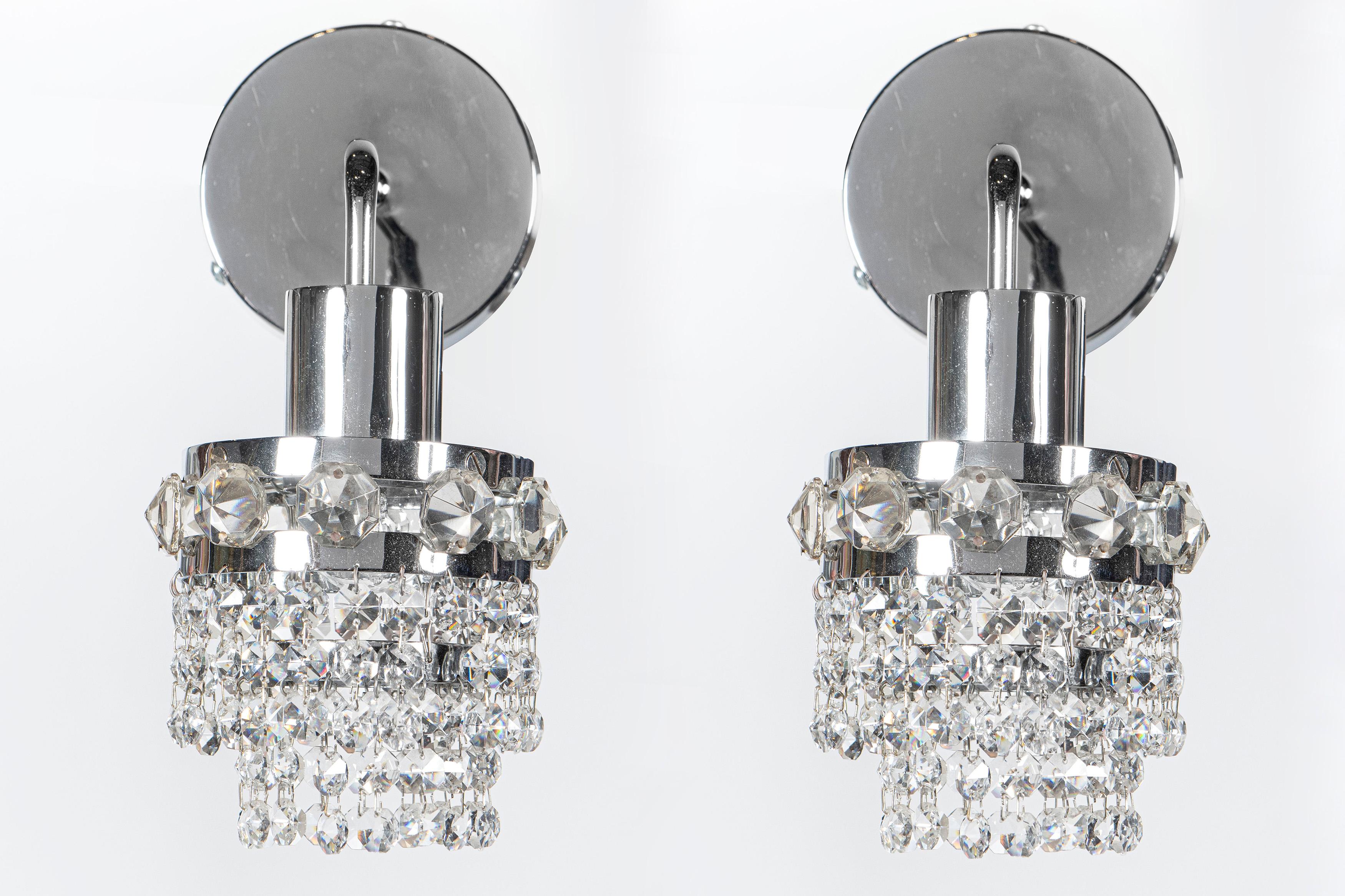 Mid-20th Century Pair of Chrome Metal and Crystal Glass Sconces, Austria, circa 1960 For Sale
