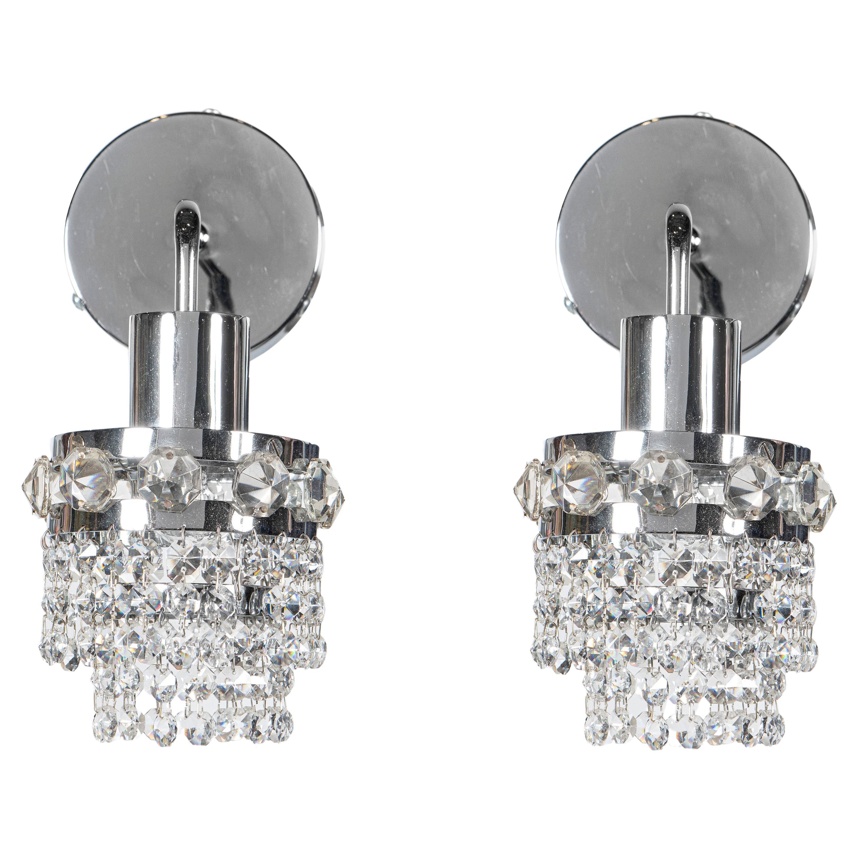 Pair of Chrome Metal and Crystal Glass Sconces, Austria, circa 1960 For Sale