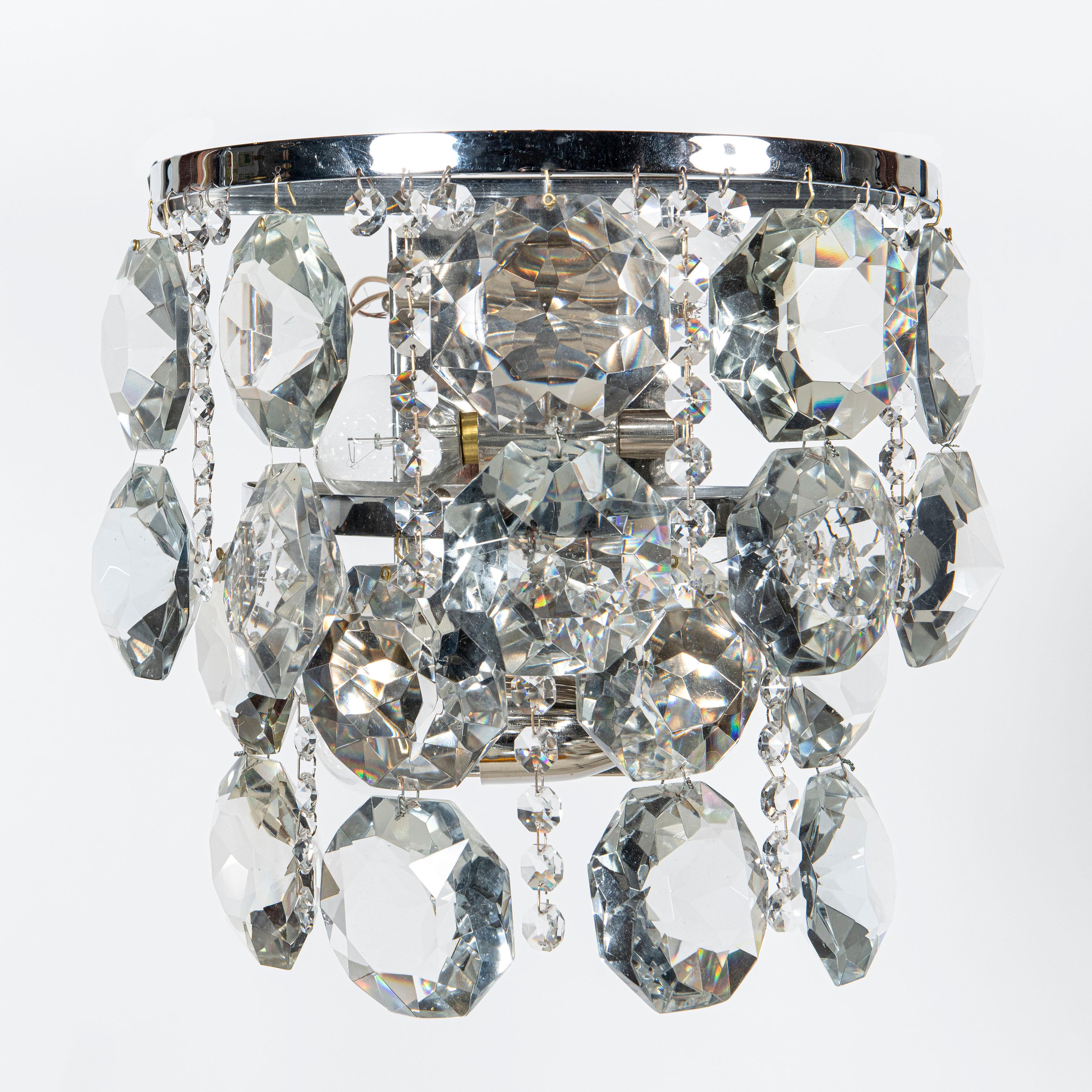Modern Pair of Chrome Metal and Crystal Glass Sconces by Bakalowits & Sohne, circa 1960 For Sale