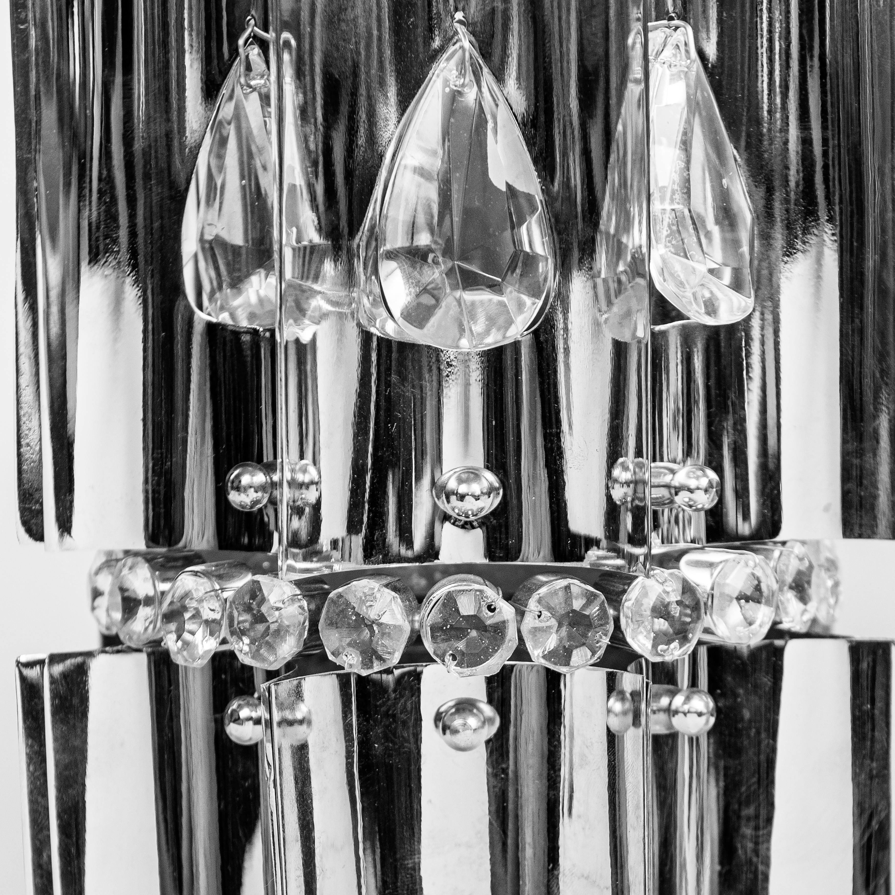 Mid-Century Modern Pair of Chrome Metal and Czech Crystal Sconces, Italy, circa 1970 For Sale