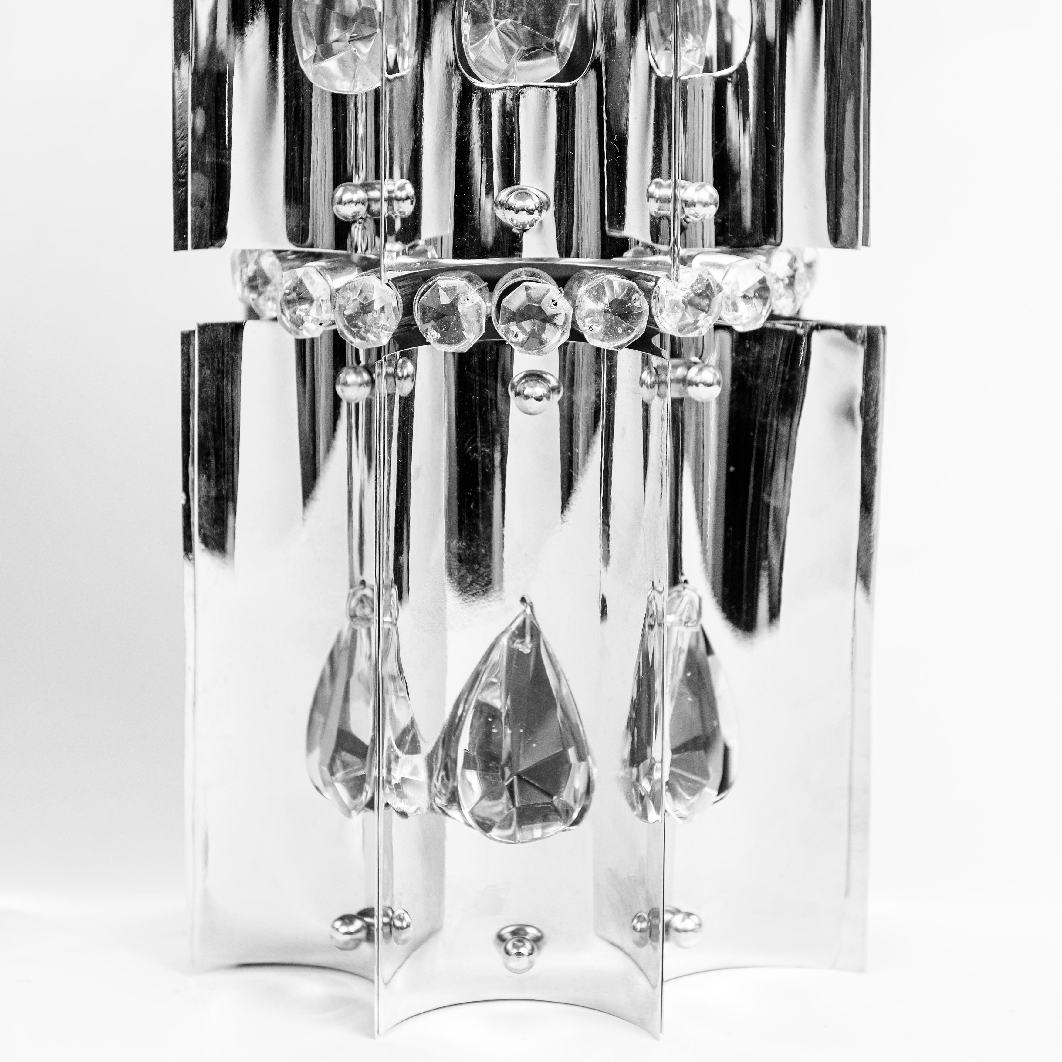 Italian Pair of Chrome Metal and Czech Crystal Sconces, Italy, circa 1970 For Sale