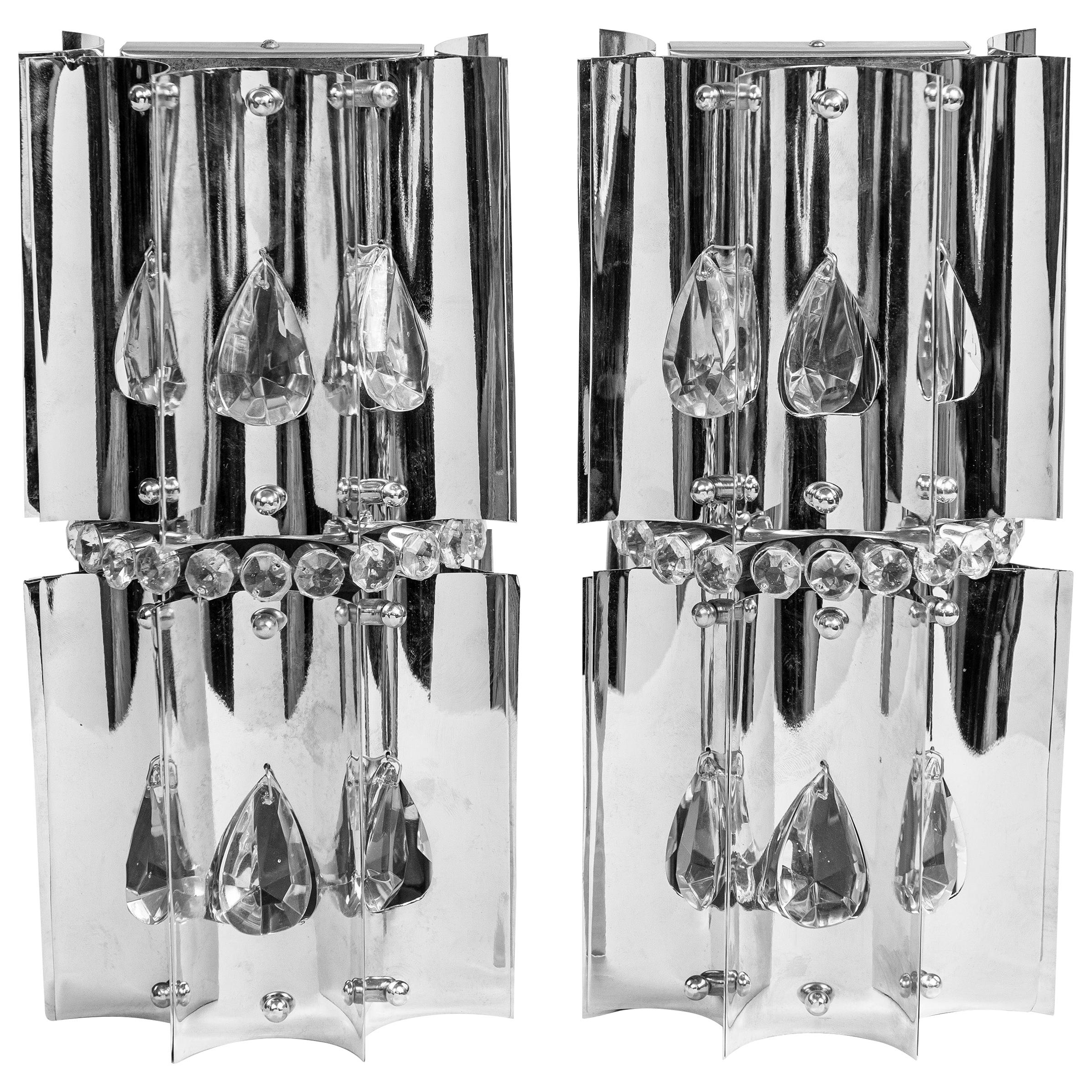 Pair of Chrome Metal and Czech Crystal Sconces, Italy, circa 1970 For Sale