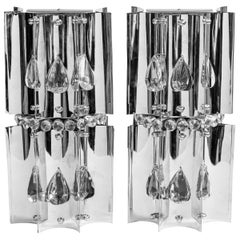 Pair of Chrome Metal and Czech Crystal Sconces, Italy, circa 1970