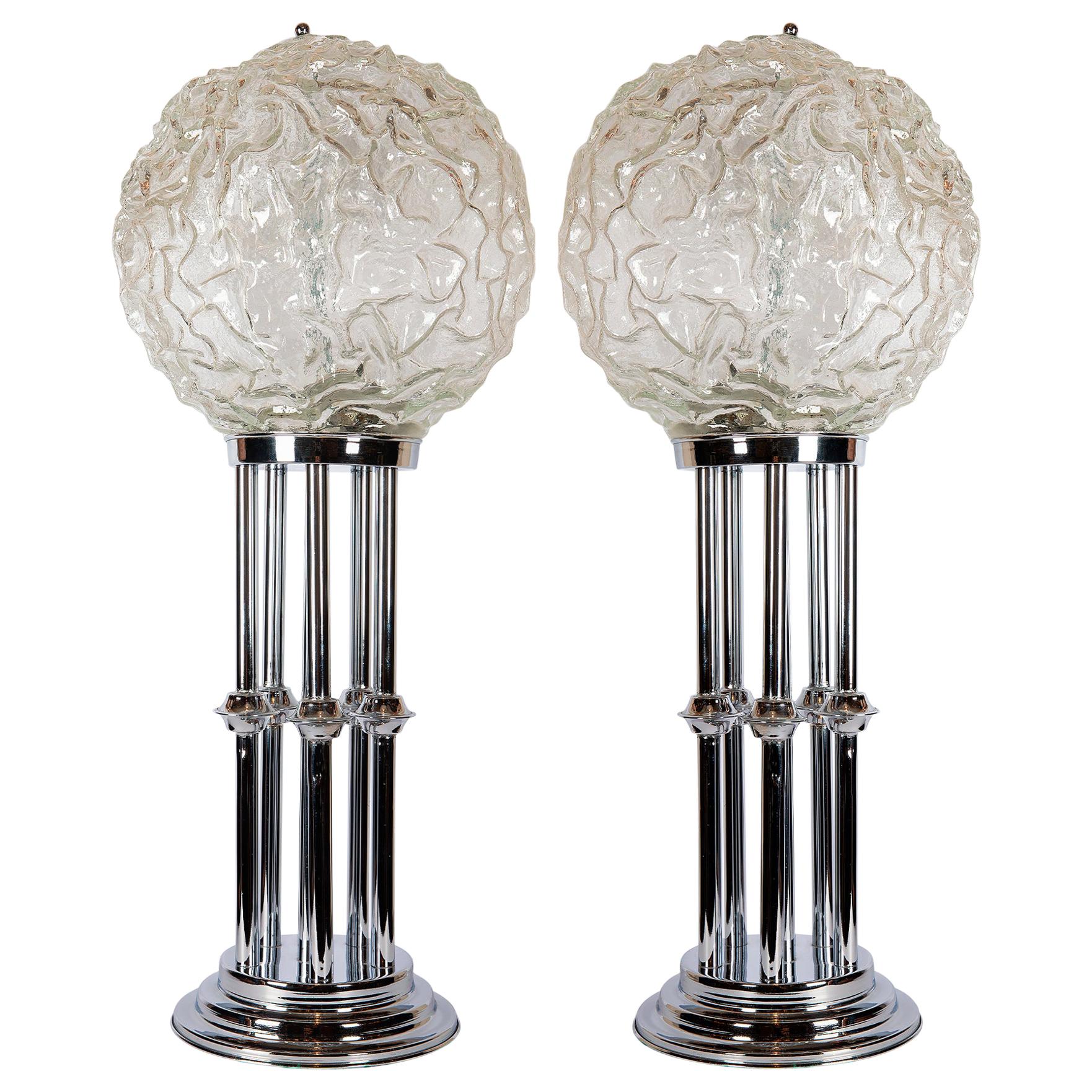 Pair of Chrome Metal and Glass Table Lamps, Italy, circa 1980