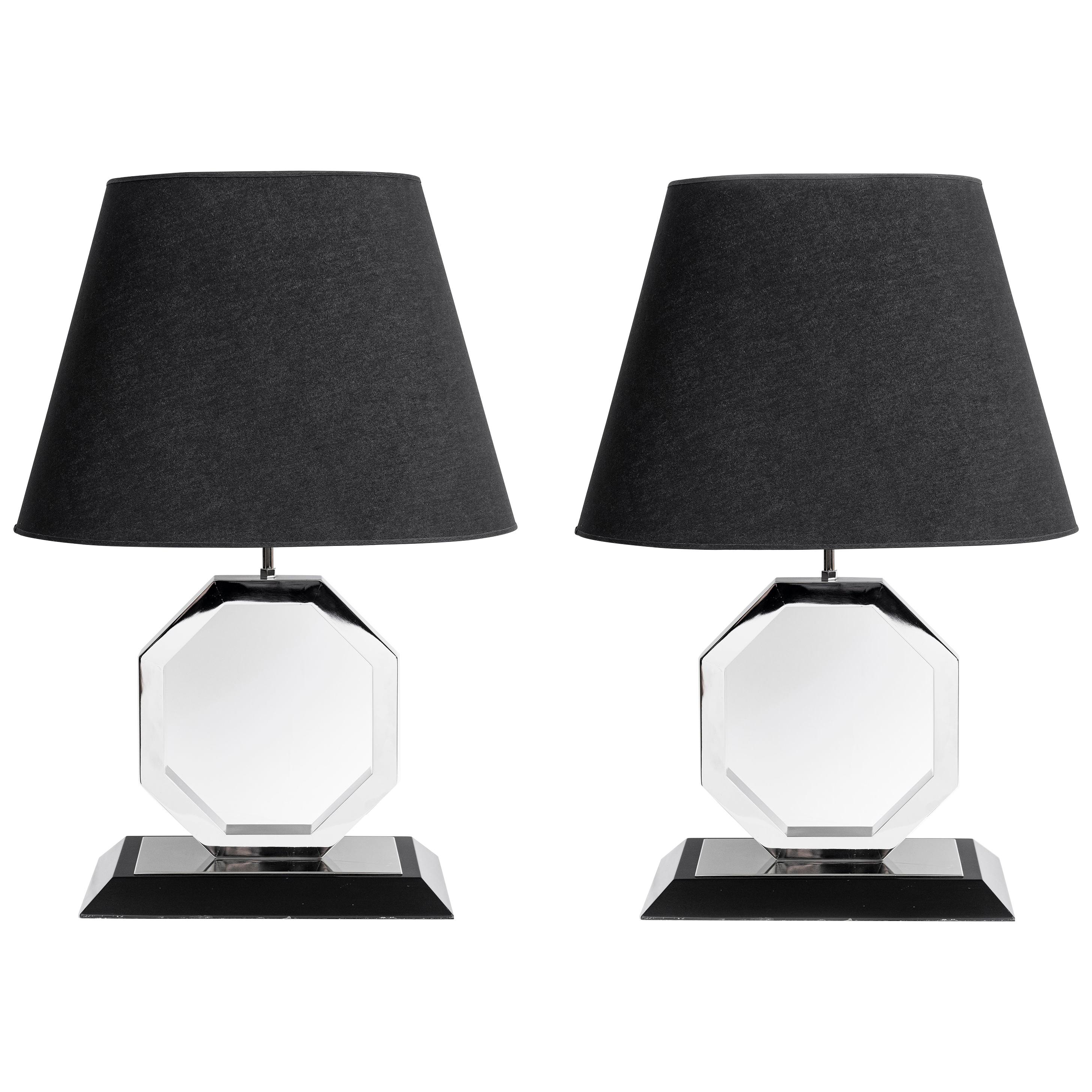 Pair of Chrome Metal and Wood Table Lamps. Italy, circa 1970