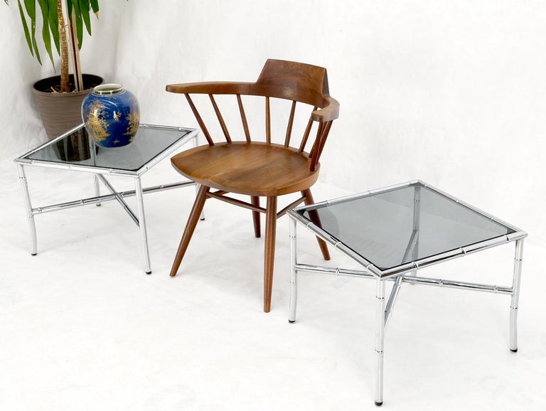 Mid-Century Modern Pair of Chrome Metal Faux Bamboo x Base Smoked Glass End Side Tables For Sale