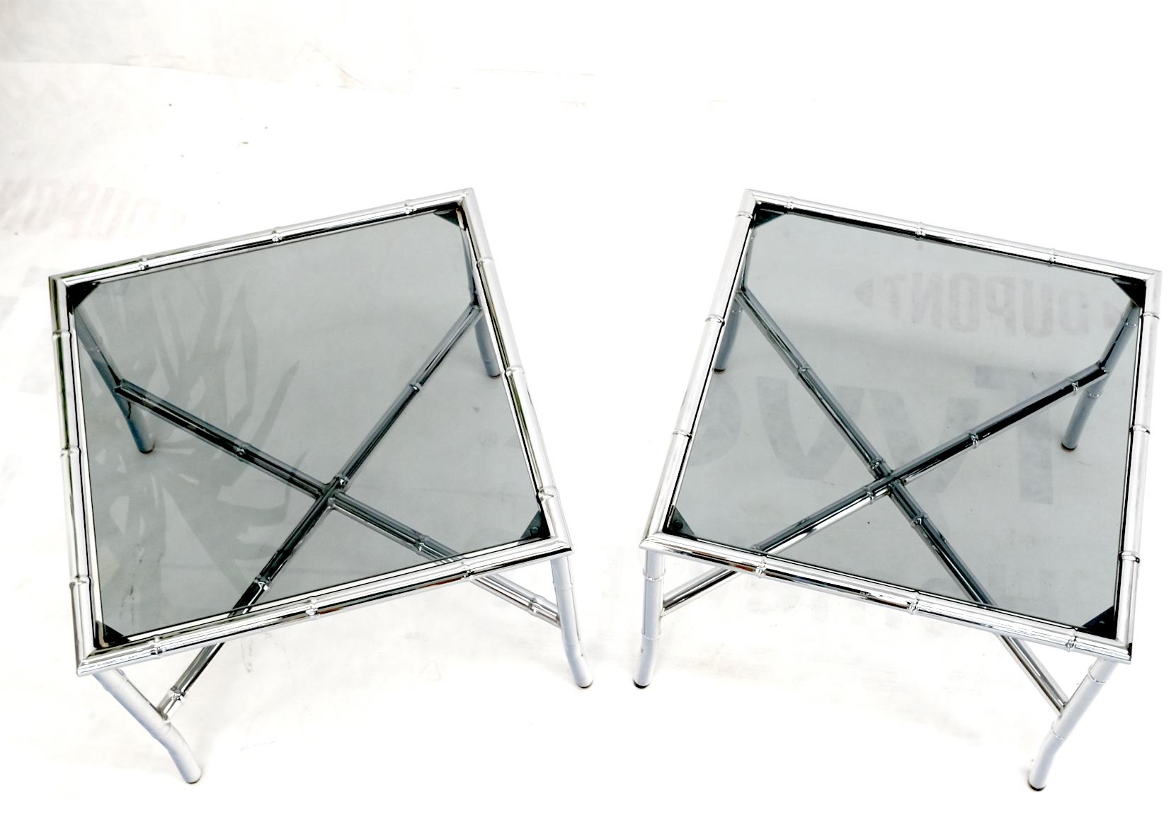 20th Century Pair of Chrome Metal Faux Bamboo x Base Smoked Glass End Side Tables For Sale