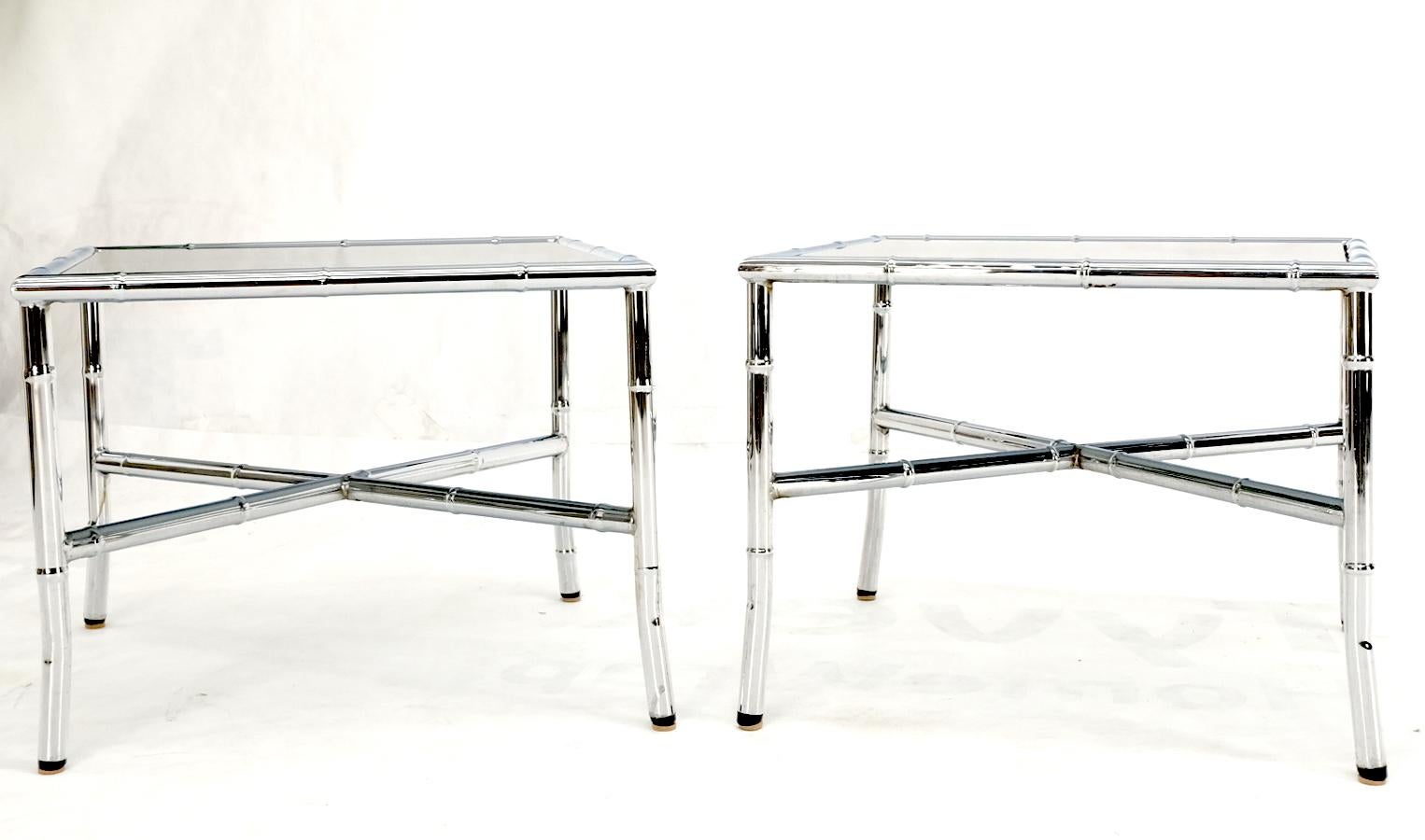 Pair of Chrome Metal Faux Bamboo x Base Smoked Glass End Side Tables For Sale 2