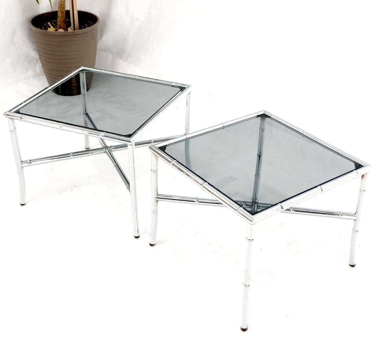 Pair of Chrome Metal Faux Bamboo x Base Smoked Glass End Side Tables For Sale 3