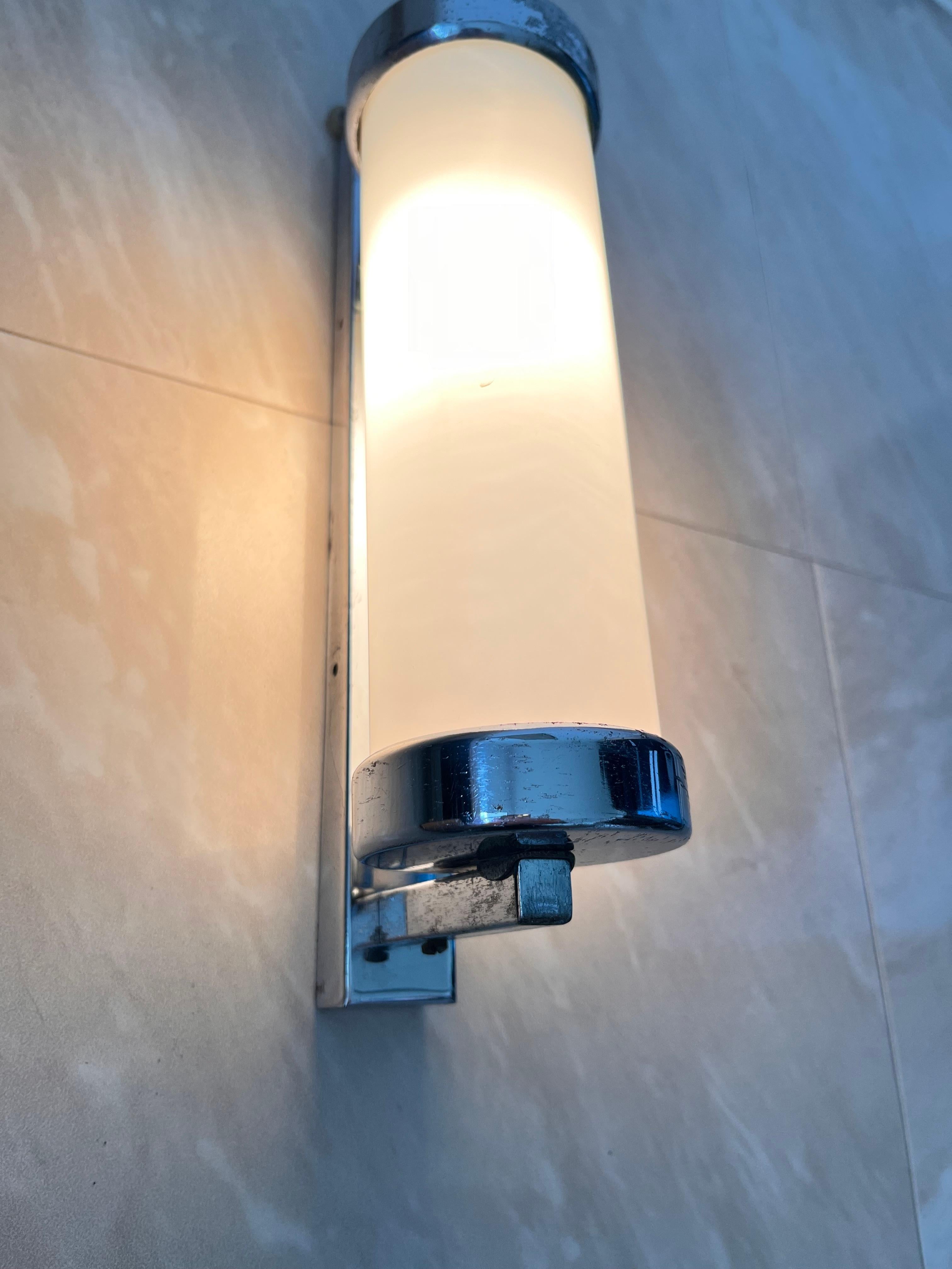 Czech Pair of Chrome milk glass  Bauhaus / Functionalist Wall Lamps - 1930s For Sale