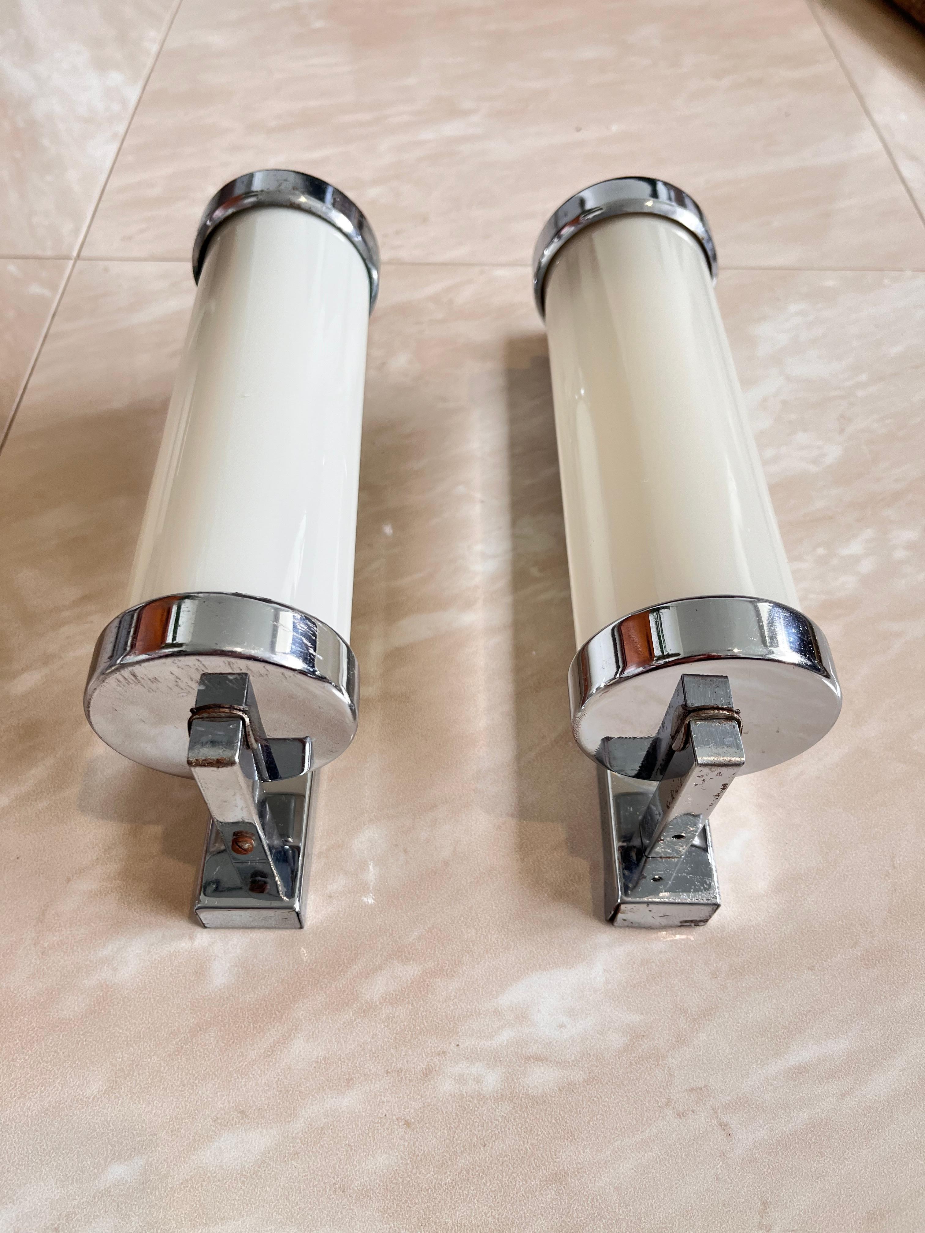 Mid-20th Century Pair of Chrome milk glass  Bauhaus / Functionalist Wall Lamps - 1930s For Sale