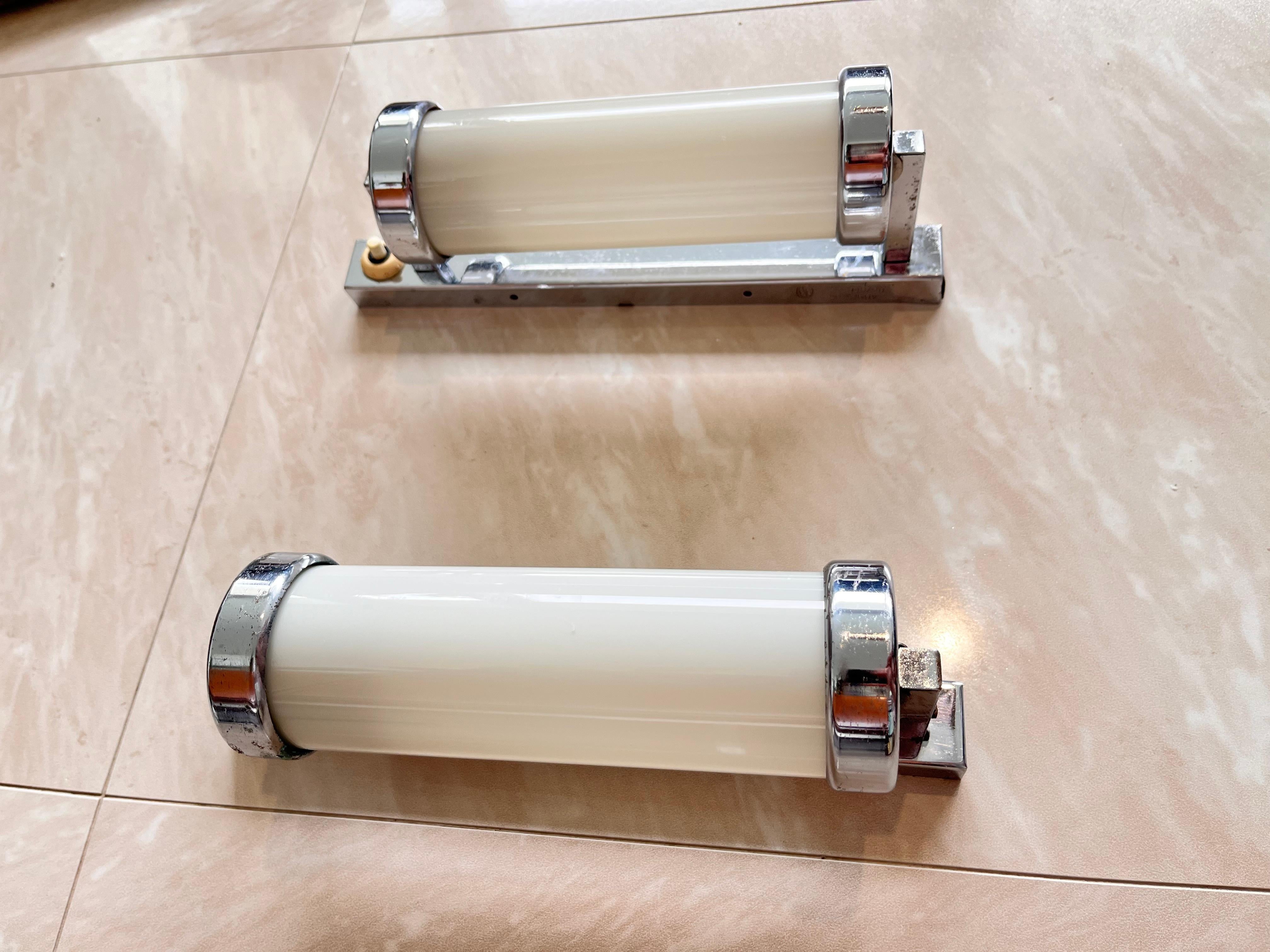 Milk Glass Pair of Chrome milk glass  Bauhaus / Functionalist Wall Lamps - 1930s For Sale