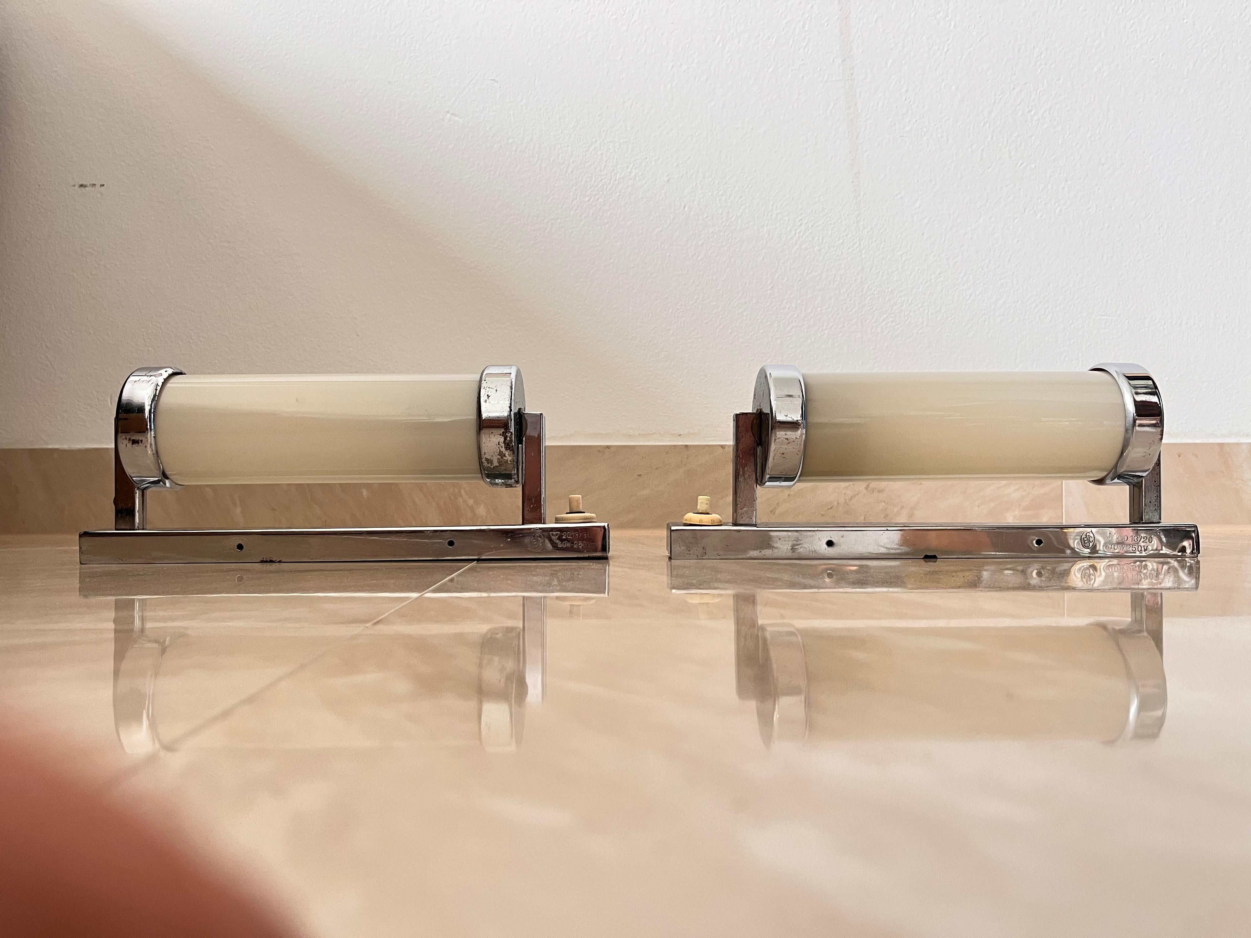 Pair of Chrome milk glass  Bauhaus / Functionalist Wall Lamps - 1930s For Sale 3