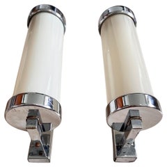 Used Pair of Chrome milk glass  Bauhaus / Functionalist Wall Lamps - 1930s 