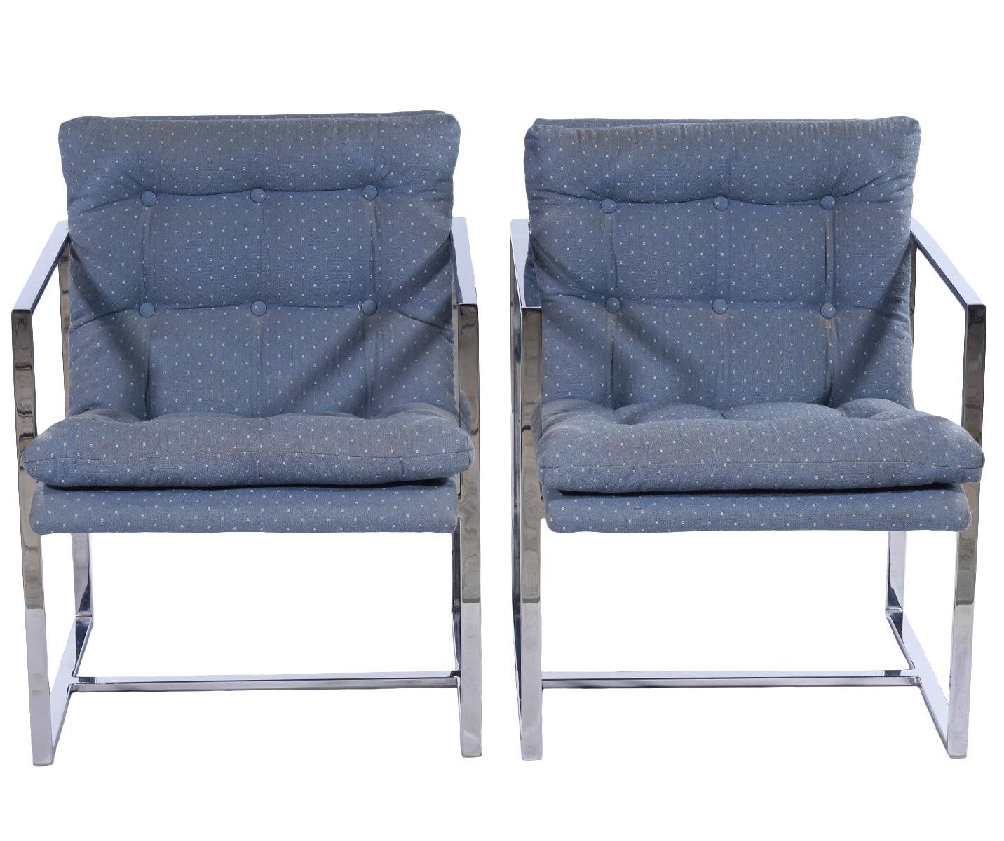 Pair of Milo Baughman style armchairs. Chrome frame with upholstered seat. Milo Baughman cube style design.