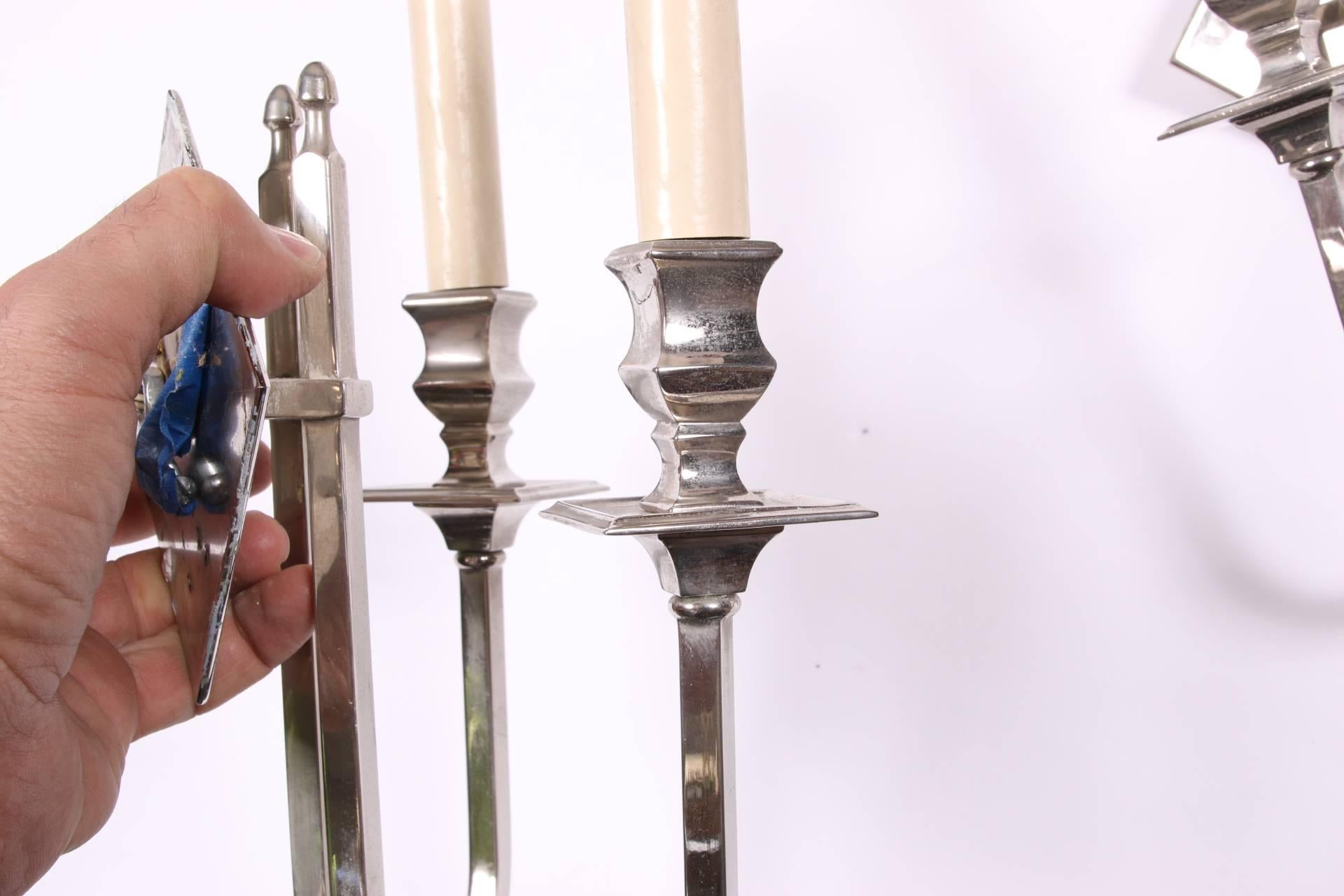 Mid-Century Modern Pair of Chrome-Plated Brass Twin Light Wall Sconces