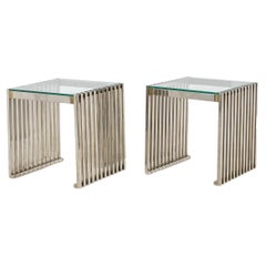 Pair of chrome-plated metal end tables or bedside tables. 1970s.