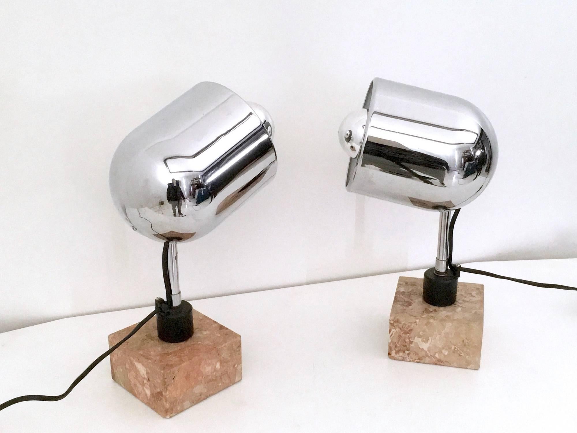 Italian Pair of Chrome-Plated Table Lamps with a Squared Marble Base, Italy, 1970s