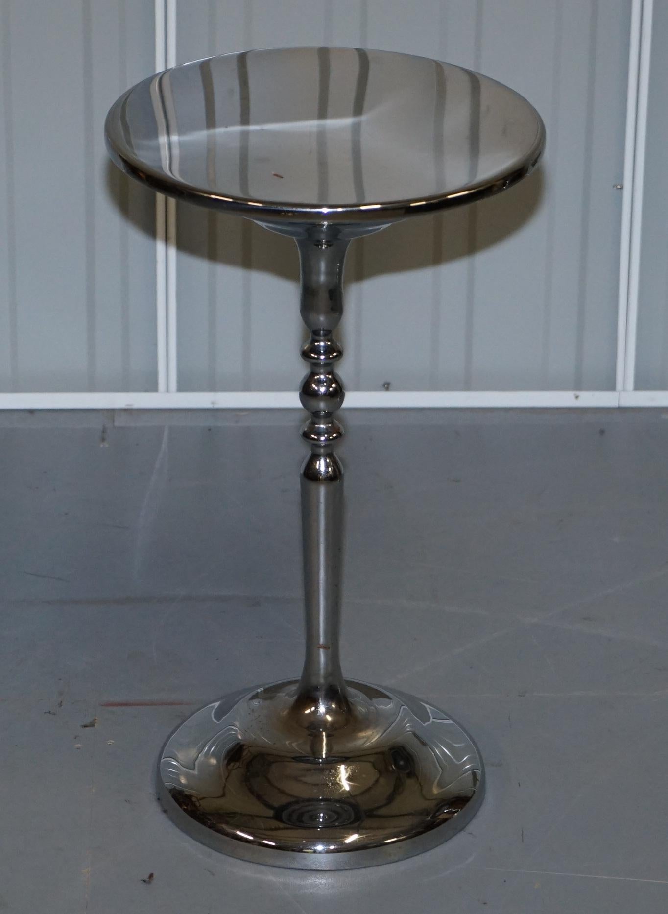 We are delighted to offer for sale this lovely pair of vintage chrome-plated large side tables part of a suite

I have a selection of these tables for sale, I have one bronze plated, a pair of chrome-plated, a pair of gold plated and one last