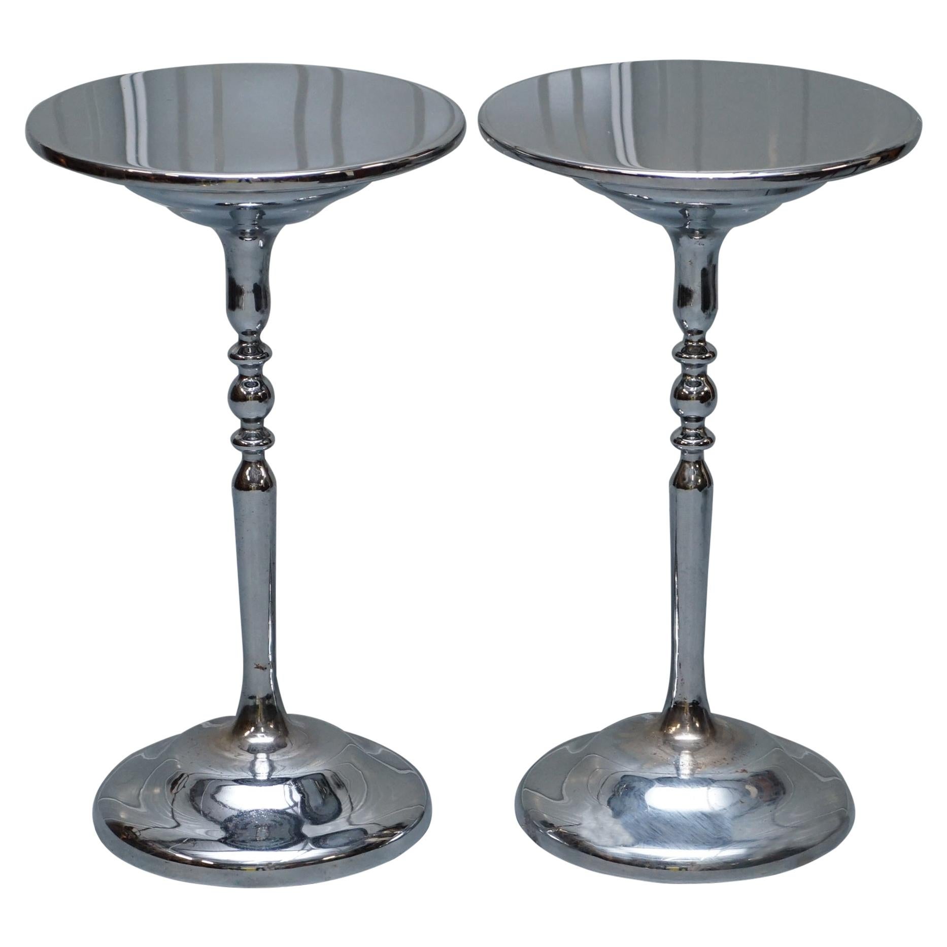 Pair of Chrome-Plated Vintage Side Tables on Solid Oak Bases Part of Large Suite For Sale