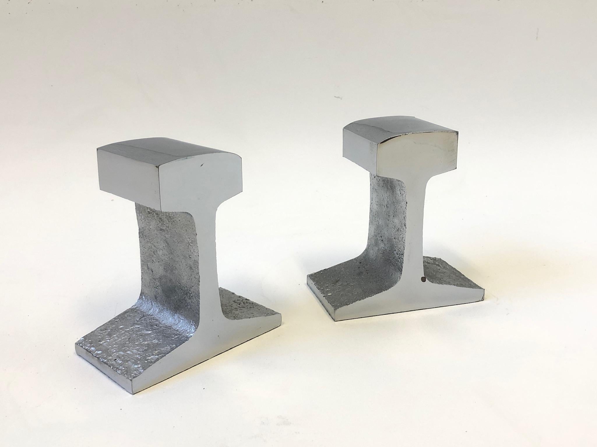 Modern Pair of Chrome Railroad Track Bookends in the Manner of Bill Curry