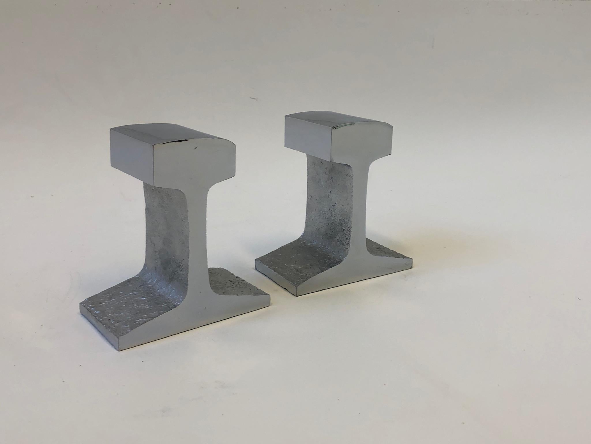American Pair of Chrome Railroad Track Bookends in the Manner of Bill Curry