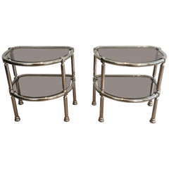 Pair of Chrome Rounded Side Tables with Smoked Glass Shelves, French, circa 1970 Pair of Chrome Rounded Side Tables with Smoked Glass Shelves, French, circa 1970