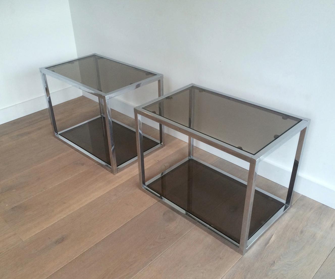 Pair of Chrome Side Tables with Smoked Glasses, circa 1970 For Sale 4