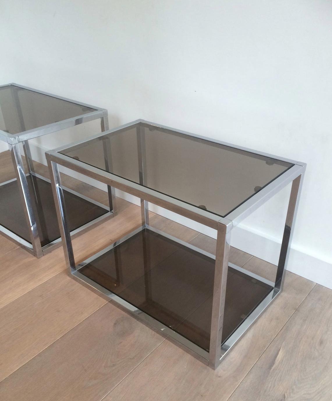 Bronzed Pair of Chrome Side Tables with Smoked Glasses, circa 1970 For Sale