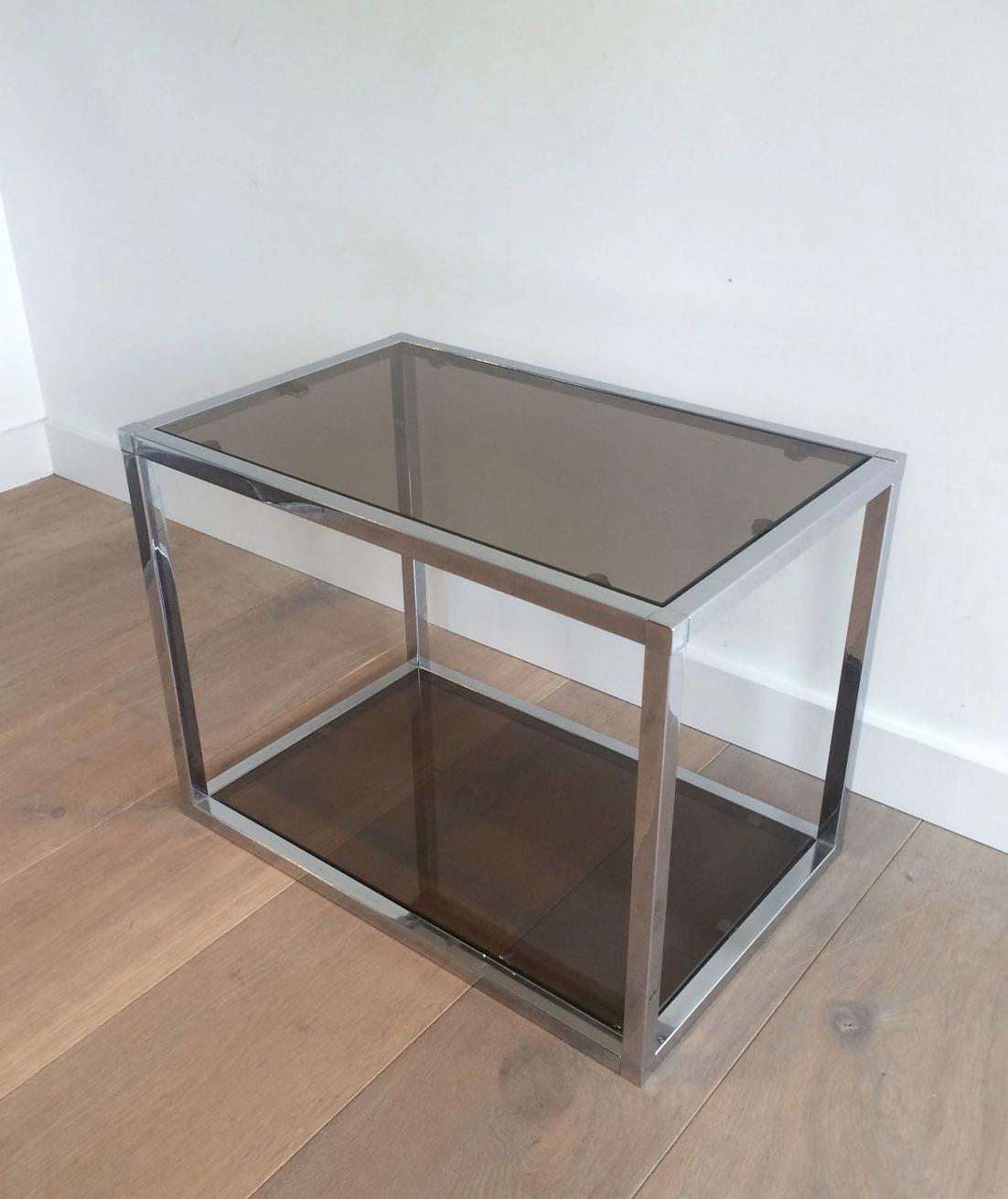 Pair of Chrome Side Tables with Smoked Glasses, circa 1970 In Good Condition For Sale In Marcq-en-Barœul, Hauts-de-France