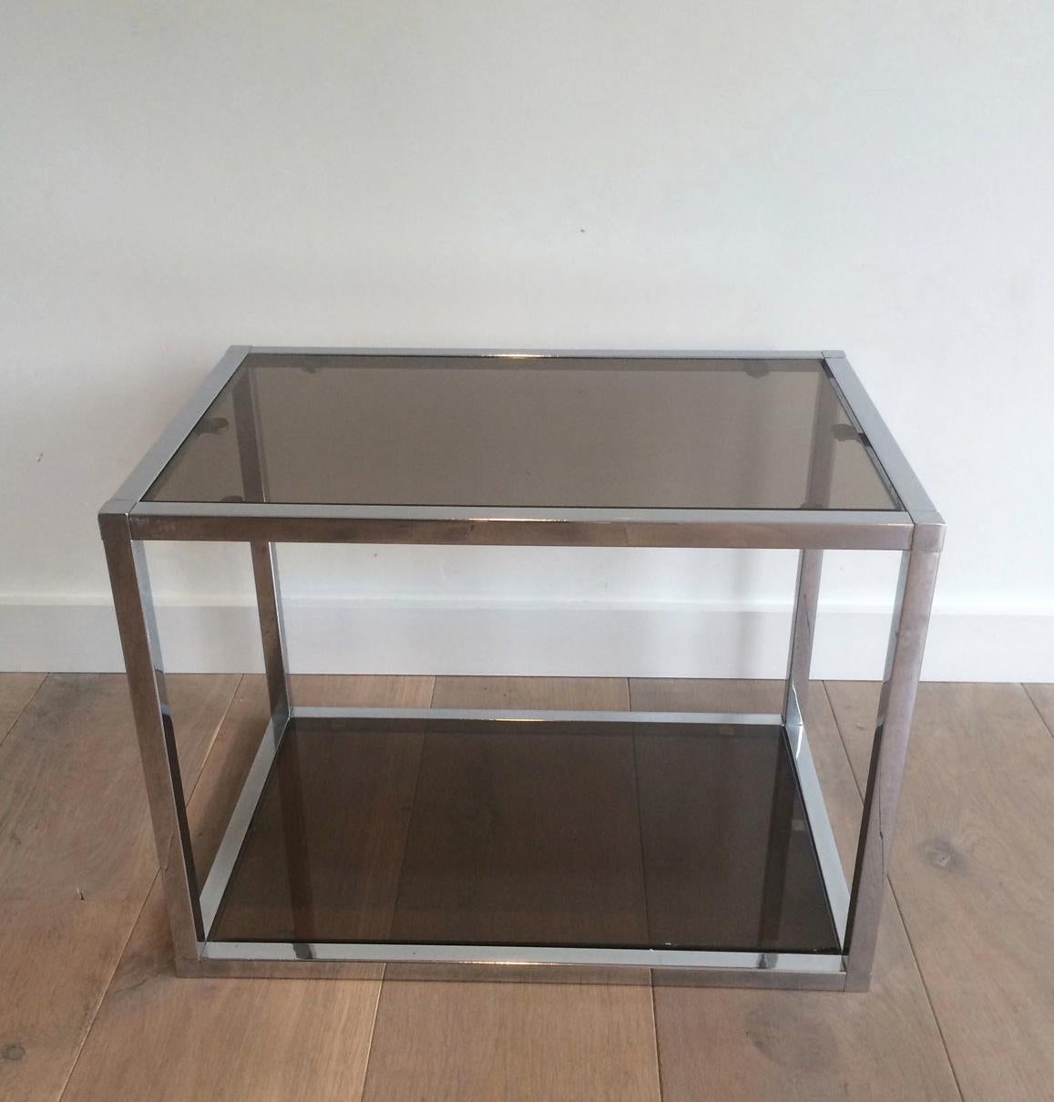 Late 20th Century Pair of Chrome Side Tables with Smoked Glasses, circa 1970 For Sale