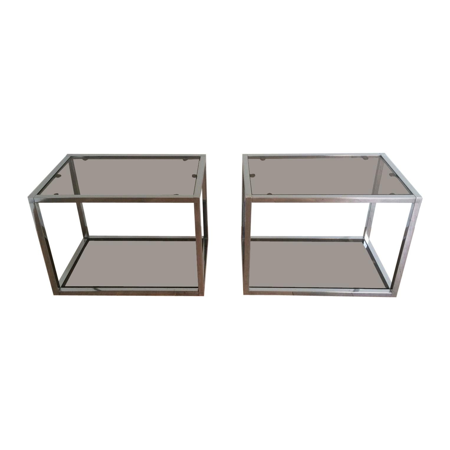 Pair of Chrome Side Tables with Smoked Glasses, circa 1970 For Sale